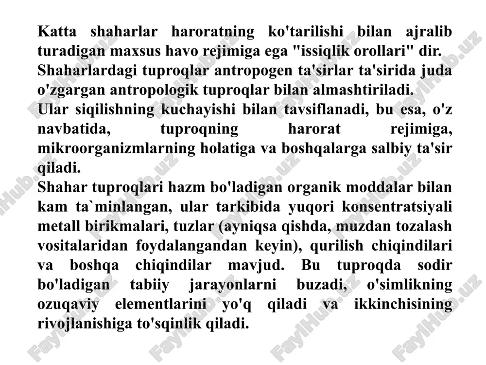 o'simliklar havodagi zaharli gazlarning 50-60% ni o'ziga singdiradi va bog'laydi, atmosfera namligi - 5-20%, tuproq 5-10%, suv havzalari va hayvonlar - 5% dan kam. biz yashil maydonlar binolarni chang va gazlardan faqat ifloslanish manbai va bino o'rtasida joylashgan taqdirdagina himoya qilishini ta'kidlaymiz. yashil o‘simliklar atrof-muhitni kislorod bilan boyitishda va hosil bo‘lgan karbonat angidridni o‘zlashtirishda juda katta rol o‘ynaydi.o‘rtacha kattalikdagi daraxt 24 soat ichida uch kishining nafas olishi uchun yetarli kislorodni tiklaydi. issiq quyoshli bir kunda gektar o'rmon havodan 220-280 kg karbonat angidridni o'zlashtiradi va 180-220 kg kislorod chiqaradi. turli xil o'simliklar turli miqdordagi kislorodni chiqarishga qodir: vegetatsiya davrida lilac 1 m2 maydondagi barglar yuzasidan 1,1 kg kislorod, aspen - 1,0 kg, shoxli - 0,9 kg, kul - 0,89 kg. , eman - 0,85 kg, qarag'ay - 0,81 kg, chinor - 0,62 kg, mayda bargli jo'ka - 0,47 kg. o'simliklar gaz almashinuvining samaradorligi bilan ham farqlanadi: agar archaning gaz almashinuvi samaradorligi …