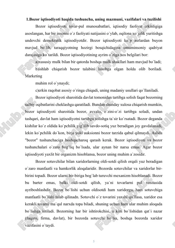 rni o`rnatadi. iqtisodiyotning o`zi tarixan turli shakllarda mavjud bo`lgani kabi bozorda xaridor va sotuvchining mavqei ham o`zgarib boradi. hozirgi bozor tartiblanadigan bozor, unda stixiyalik, noaniq xaridor uchun ishlash kam uchraydi, mijozlar o`rtasida oldi-sotdi aloqalari muhim va uzoq vaqt uzilmay davom etadi. bozorga tovarlarni tavakkalchilik bilan yetkazish ham kam uchraydi. tovar chiqarishdan oldin bozor puxta o`rganiladi, nimani, qancha yetkazib berish belgilab olinadi. [1: ] ammo bozorda ma`lum darajada noaniqlik saqlanib qoladi. chunki, xaridor va sotuvchi mustaqil bo`lib, nima qilishni o`zlari hal etishadi, ularning maqsad va o`yxayollari turlicha. erkin bozor deganda xaridorlar ham, sotuvchilar ham ko`p bo`lib, ulardan hech biri monopoliya mavqeiga ega bo`lmay, bir-birini tezda topa oladigan, raqobat to`la-to`kis hukmron bo`lgan, narxlar erkin savdolashuv asosida shakllanadigan bozor tushuniladi. keltirilgan ta`rifdan ko`rinib turganidek. erkin bozorda xaridor va sotuvchi munosabati biron bir tazyiqsiz, iqtisodiy tanlov asosida vujudga keladi, ular orasida murosa mavjud bo`ladi. erkin bozorga misol qilib o`zbekistondagi qishloq xo`jalik mahsulotlari bozorini ko`rsatish …
