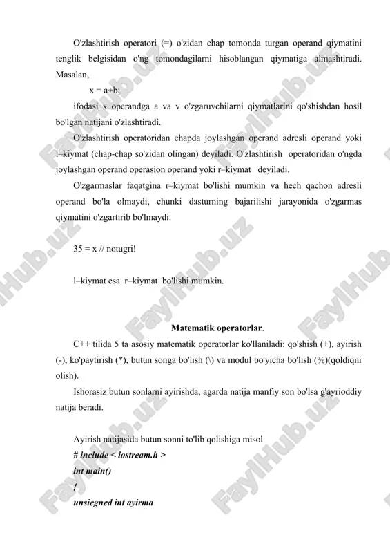 h va chikarish operatorlari xamda dasturda ishlatiladigan toifalar, ifodalar va operatorlar hamda sinflar va funksiya bilan ishlash xaqida bilim va kunikmalarga ega bo`ldim. foydalanilgan adabiyotlar. 1. sh.a.nazirov, r.v.qobulov «ob’ektga mo‘ljallangan dasturlash » 2. xaldjigitov a.a., madraximov sh. f., adambayev u.e., eshboyev e.a., informatika va programmalash. t.:o`zmu, 2005, -148. 3. gradi buch. ob'ektno –orientirovannoy analiz i proektirovanie s primerami prilojeniy na s++. nevskiy dialekt, 560 str, 2001 g. 4. grexem i. ob'ektno orientirovannie metodi. printsipi i praktika. vilyams. 879 str, 2004 g. 5. ivanova g.s. ob'ektno orientirovannoe programmirovanie. uchebnik. mgtu im baumana. 320 str, 2003 g. 6. www.ziyonet.uz 7. www.tuit.uz 8. www.tuit.kf.uz 9. www.referat.uz 10. www.intuit.ru tamom kiritish boshlash