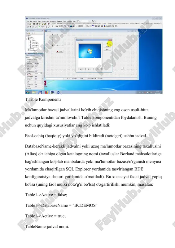 'q qilish uchun ishlatiladi: tbookmark marker =table1->getbookmark(); table1->gotobookmark(marker); table1->freebookmark(marker); ttable komponentining voqealari sizning ma'lumotlar bazasi oldidagi xatti-harakatlarni qurish va nazorat qilish imkonini beradi. misol uchun, voqea beforepost kiritish yoki rekord o'zgartirish oldin keladi, voqea afterpost-joylashtirilgan yoki o'zgartirilgan rekord saqlab keyin, voqea afterdelete-rekord olishdan keyin, va hokazo ttable komponentini qolipga kiritish uchun quyidagilarni bajarishingiz kerak: 1. foydalanish data access sahifa komponentlar sxemasidan, shakli yoki ma'lumotlar moduli ustiga ttable komponentini joylashtirish. 2. databasename xususiyati ma'lumotlar bazasi joylashgan katalog nomini yoki pseudo ima ma'lumotlar bazasini belgilaydi. 3. tablename xususiyati jadval nomini belgilash yoki ochilgan ro'yxatdan jadvalni tanlang. 4. datasource komponentini shakllantiring va dataset xususiyatining qiymatini ttable komponentining nomiga tenglashtiring. 5. data controls komponentlarini joylashtiring va ma'lumotlar bazasi jadvalidagi ekranda ma'lumotlarni ko'rsatish uchun ularni datasource komponentiga ulang. tfield komponenti tfield sinf ob'ektlari tdataset ob'ektining mulki hisoblanadi (eslatib o'tamiz, ob'ektlarning ayrim xususiyatlari o'zlarining mulk to'plamlari bilan ob'ektlar bo'lib, tfield ulardan biri). tdataset tipidagi ob'ektning maydonlar …