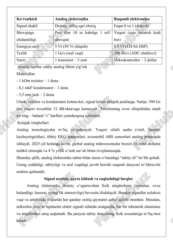 arayon orqali oʻzgartiradi. raqamli filtrlar esa mikroprotsessor ichida millionlab arifmetik amallarni bajaradi. masalan, studiya ovoz muhandisi analog ekvalayzerda past chastotalarni kuchaytirsa, raqamli daw dasturida bir nechta filtr kaskadini bir zumda qoʻllay oladi. energiya sarfi va ishlov tezligi jihatidan solishtirish analog sxemalar odatda kam quvvat sarflaydi, chunki ular faqat signalni kuchaytirish yoki filtrlamoqda. masalan, portativ radio qabul qilgichdagi analog kuchaytirgich bir nechta millivatt quvvat bilan soatlab ishlay oladi. ammo analog sxemalar harorat, namlik va komponentlarning qarishi taʼsirida drift (siljish) hosil qiladi, bu esa uzoq muddatli barqarorlikni pasaytiradi.raqamli sxemalar har bir tranzistorning “yoqish-oʻchirish” harakati uchun energiya sarflaydi. smartfon protsessorida 3 milliard tranzistor soniyada 3 milliard marta holat oʻzgartirishi mumkin – bu yuzlab millivatt quvvat talab qiladi. biroq raqamli sxemalar cmos texnologiyasi tufayli “tinch turganda” deyarli quvvat sarflamaydi. masalan, flesh-xotira oʻchirilgan paytda nol energiya isteʼmol qiladi.ishlov tezligida raqamli tizimlar gʻolib: 5g modem soniyada 20 gbit maʼlumotni qayta ishlay oladi, bu analog televideniye signallaridan …