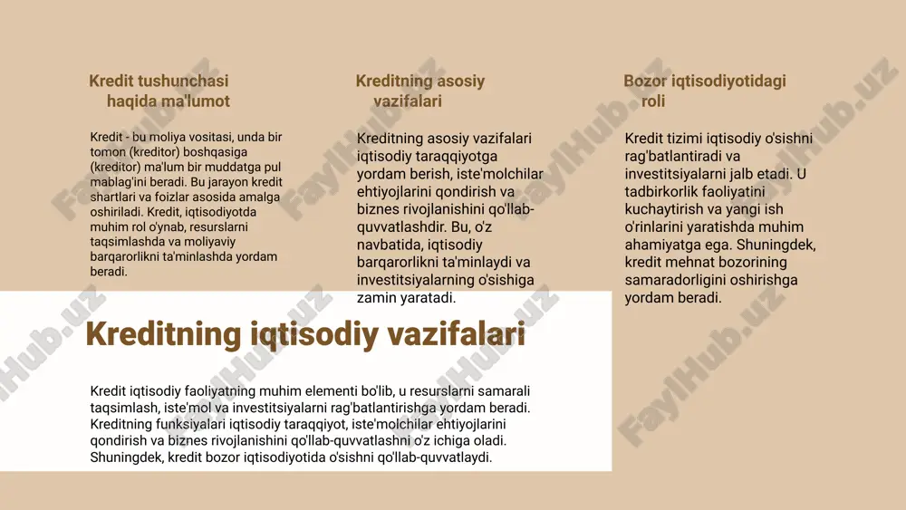 bo'lsa, hozirgi kunda texnologik yangiliklar va raqamli bank xizmatlari orqali tizim yanada rivojlanmoqda. bu rivojlanish kredit tizimining samaradorligini oshiradi va iqtisodiy faoliyatni qo'llab-quvvatlaydi. kredit tizimining rivojlanishi kredit tizimi iqtisodiyotda muhim rol o'ynaydi, u moliyaviy resurslarni taqsimlash va iqtisodiy faoliyatni rag'batlantirishda ishtirok etadi. asosiy elementlar banklar, kredit oluvchilar va kredit shartlaridan iborat. rivojlanish bosqichlari orqali tizim texnologik yutuqlar bilan yangilanmoqda. kredit tizimining global tendensiyalari kredit tizimlari global miqyosda bir qator yangi tendensiyalarni namoyon etmoqda. moliyaviy resurslarni boshqarishning markazlashuvi, raqamli xizmatlar va yangi texnologiyalarning kirishi kredit berish jarayonini o'zgartirmoqda. shuningdek, barqarorlikni ta'minlash maqsadida yangi qonunlar va tartib-qoidalar ishlab chiqilmoqda. raqamli transformatsiya va kredit tizimiga ta'siri raqamli transformatsiya kredit tizimlarining samaradorligini sezilarli darajada oshirmoqda. mobil ilovalar, onlayn kredit berish va sun'iy intellekt yordamida qaror qabul qilish jarayonlari mijozlarga qulayliklar yaratmoqda va kredit beruvchilar uchun xavflarni kamaytirmoqda. kelajakda kredit tizimini rivojlantirish strategiyalari kelajakda kredit tizimini rivojlantirish uchun innovatsion texnologiyalarni kengaytirish, mijozlarga xizmat ko'rsatish sifatini …