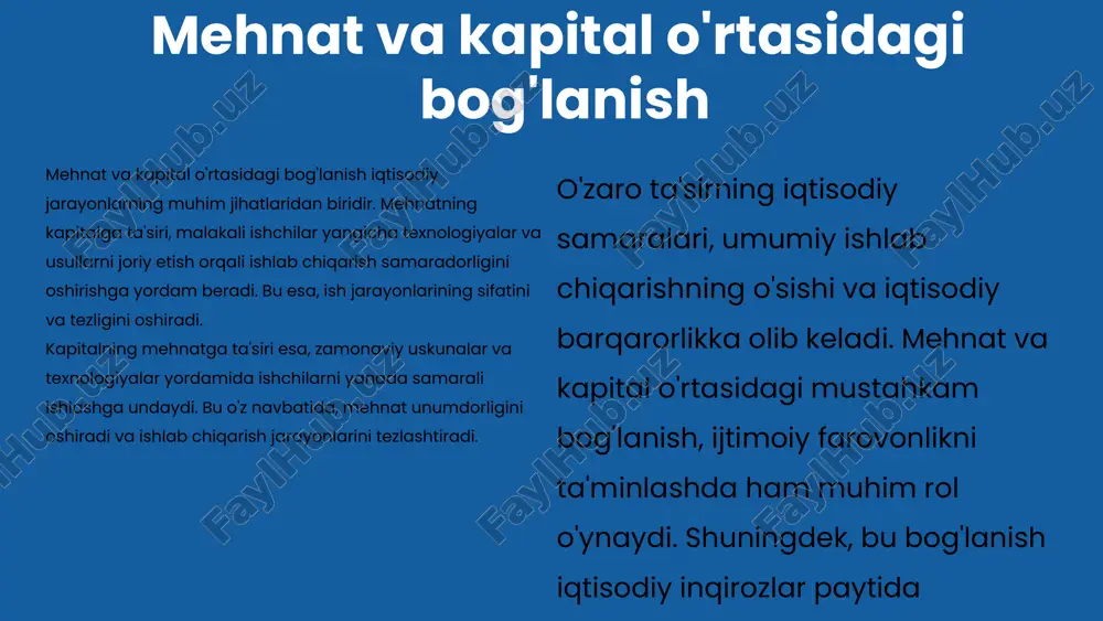 ashtirish imkonini beradi. misol sifatida, innovatsion texnologiyalarni amalga oshirish orqali ishlab chiqarish jarayonlarini optimallashtirish mumkin. bunday texnologiyalar ishlab chiqarish samaradorligini oshirish va iqtisodiy o'sishga ijobiy ta'sir ko'rsatadi. ishlab chiqarish omillarining o'zaro almashuvi o'zaro almashuv tushunchasi - bu ishlab chiqarish omillari o'rtasida resurslar va ma'lumotlar almashinuvidir. bu jarayon ishlab chiqarish samaradorligini oshiradi. ishlab chiqarish omillarining o'zaro ta'siri: 1) mehnat va kapitalning birgalikda ishlashi, masalan, avtomobil ishlab chiqarishda ishchilar va mashinalar. 2) yer omili va mehnat, qishloq xo'jaligida ishlab chiqarish jarayonida. 3) tadbirkorlik va innovatsiyalar, yangi texnologiyalarni joriy qilish. 4) kapital va texnologiyaning o'zaro aloqasi, ishlab chiqarish jarayonini tezlashtiradi. o'zaro almashuvning iqtisodiy ta'siri - bu ishlab chiqarish jarayonidagi samaradorlikni oshirish va iqtisodiy o'sishni ta'minlashdir. resurslar va bilimlarni almashish, iqtisodiyotning barqaror rivojlanishini ta'minlaydi. 1 2 3 4 kelajakdagi tendensiyalar: umumiy ko'rinish o'zgaruvchan iqtisodiy sharoitlar ishlab chiqarish omillariga sezilarli ta'sir ko'rsatadi. masalan, global iqtisodiy inqirozlar, inflyatsiya va ish haqi o'zgarishlari korxonalar uchun yangi strategiyalar …