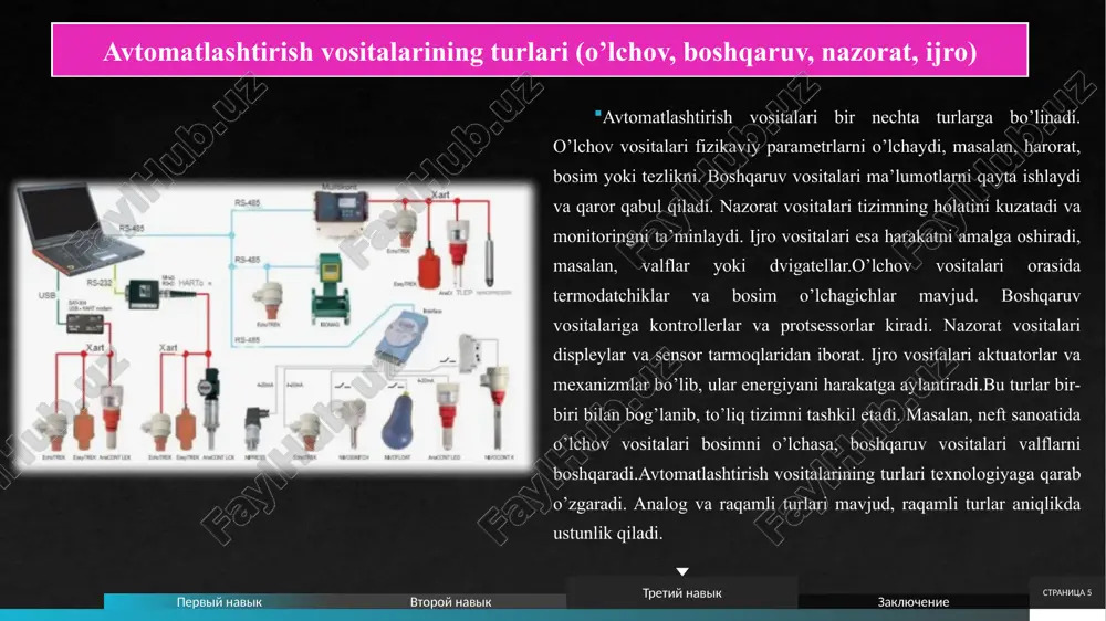 spektr oralig’ini 400-2500 nm gacha kengaytiradi.ishlash printsipi: datchik nur nurlarini qayta ishlaydi va har bir piksel uchun 100 dan ortiq spektral kanal ma’lumotini beradi. bu ma’lumotlar mashinaviy o’rganish algoritmlari orqali tahlil qilinib, masalan, o’simliklarning suv yetishmovchiligini yoki kasalliklarini aniqlaydi. stranitsa 12 kvant datchiklari va bio-datchiklar kvant datchiklari 2025 yilda kvant mexanikasi printsiplariga asoslangan holda rivojlandi, ular magnit maydon, tortishish kuchi va vaqtni o’ta yuqori aniqlikda o’lchaydi. yangi turlari atom interferometriya va kvant nuqta fotodetektorlaridan iborat bo’lib, ular an’anaviy datchiklardan 1000 marta sezgirroq. bio-datchiklar esa biologik moddalar – dnk, oqsillar va patogenlarni – real vaqtda aniqlaydi, bu pandemiya monitoringida muhim.ishlash printsipi: kvant datchiklarida superpozitsiya holati orqali zarralar holati o’lchanadi, bu esa shovqinlarni minimallashtiradi. bio-datchiklarda esa antitelolar yoki fermentlar orqali reaksiya yuz beradi, natijada elektr yoki optik signal hosil bo’ladi. afzalliklari: past shovqin darajasi va uzoq muddatli barqarorlik, shuningdek, portativligi. stranitsa 13 moslashuvchan va bosiladigan datchiklar 2025 yilda moslashuvchan datchiklar polimer va …