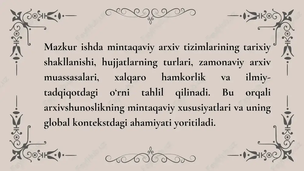 jatlari tarix, filologiya, huquq, siyosatshunoslik, diniy tadqiqotlar, etnologiya va boshqa ko‘plab sohalarda ilmiy izlanishlar olib borishda asosiy rol o‘ynaydi. arxiv materiallaridan foydalanish quyidagi yo‘nalishlarda amalga oshiriladi: - tarixiy rekonstruksiya: davlatlar, sulolalar, urf-odatlar, iqtisodiy tizimlar va ijtimoiy munosabatlar haqidagi ma’lumotlar arxiv hujjatlari orqali tiklanadi. - manbashunoslik: qo‘lyozmalar, farmonlar, bitimlar, soliq daftarlari va shaxsiy maktublar manba sifatida tahlil qilinadi. - til va adabiyot tadqiqotlari: arab, fors, turkiy tillardagi matnlar lingvistik va stilistik jihatdan o‘rganiladi. - huquqiy izlanishlar: sud hujjatlari, mulkchilik huquqlari, vakolatnomalar orqali tarixiy huquqiy tizimlar tahlil qilinadi. - madaniy merosni tiklash: diniy matnlar, vaqf hujjatlari, ziyoratgohlar haqidagi ma’lumotlar asosida madaniy obidalar va urf-odatlar tiklanadi. zamonaviy arxivshunoslikda raqamlashtirilgan hujjatlar tadqiqotchilar uchun katta qulaylik yaratmoqda. elektron kataloglar, metama’lumotlar tizimi, onlayn arxiv platformalari orqali olimlar masofadan turib hujjatlar bilan ishlash imkoniga ega bo‘lmoqda. bu esa ilmiy izlanishlarning tezligi, aniqligi va ko‘lamini oshiradi. shuningdek, arxivlar ilmiy konferensiyalar, seminarlar, nashrlar va ko‘rgazmalar orqali o‘z faoliyatini ommalashtirmoqda. …