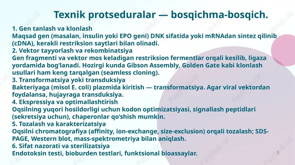 osa yo‘nalish maqsad asosiy mexanizm rekombinant dnk texnologiyasi yangi oqsillar, vaksinalar, gen terapiya gen muhandisligi orqali oqsil sintezini boshqarish antivirus dorilar virus replikatsiyasini to‘xtatish dnk/rnk fermentlarini bloklash antitumor dorilar o‘sma hujayralarni yo‘qotish dnk sintezini buzish, mitozni to‘xtatish 19 umuman olganda: viruslarga qarshi dorilar virus fermentlarini (dnk/rnk polimeraza, proteaza, integrasa) nishonga oladi. o‘smalarga qarshi dorilar esa hujayraning dnk replikatsiyasini yoki transkripsiyasini to‘xtatadi. rekombinant dnk texnologiyasi yordamida esa yangi, aniq yo‘naltirilgan, kam nojo‘ya ta’sirli dori vositalar ishlab chiqilmoqda. 20 20 e’tiboringiz uchun raxmat! 21 image4.jpeg image5.jpeg image6.jpeg image7.png image8.jpeg image9.jpeg image10.png image11.jpeg image12.png image13.jpeg image14.png image15.jpeg image2.png image3.svg image16.jpeg