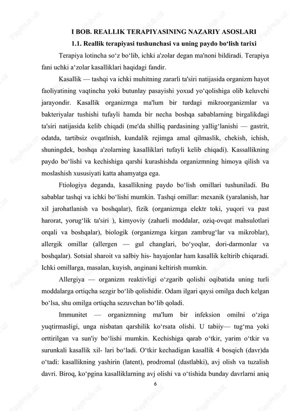(dastlabki), avj olish va tuzalish davri. biroq, ko‘pgina kasalliklarning avj olishi va o‘tishida bunday davrlarni aniq ajratib bo‘lmaydi. har bir kasallik ma'lum belgilar, alomatlar bilan namoyon bo‘ladi. bu belgilar simptomlar deb ataladi. masalan, yo‘tal bronxlar yallig‘lanishi — bronxit simptomidir. simptomlar subyektiv (masalan, gi pertoniya kasalligida seziladigan bosh og‘rig‘i) va obyektiv bo‘lishi mumkin (yurak parogida stetoskop yoki fonendoskop yordamida yurak eshitib ko‘rilganda shovqin borligi ma'lum bo‘ladi). kasallik simptomlari laborator tekshiruv usullarida ham aniqlanadi. kasallik xronik tarzda o‘tayotganida ahvol yaxshilanib (davo ta'sirida), kasallik simptomlarining vaqtincha susayib qolishi yoki yo‘qolib ketishi bilan boradigan jarayon remissiya, ya'ni kasallik takrorlanib turgan davr deb ataladi (masalan, xronik gastritda bo‘ladigan remissiya). retsidiv, ya'ni qo‘zish — kasallik simptomlari bir qadar uzoq vaqt bosilib turgandan keyin yana paydo bo‘lishiga aytiladi (meda yara kasalligining retsidivi). sindrom — organizmning ma'lum patologik holatini xarakterlab beradigan va umumiy patogenez bilan birlashgan simptomlar majmuasi. patogenez — kasallikning kelib chiqish sabablari va rivoj- lanishini o‘rganadi. …