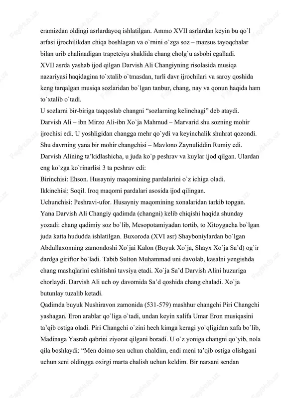 i olib yasrab qabriga boradi. u yerda piri changiydan boshqa kimsa yo`q edi. u hayron bo`lib tursa, changiy uyg`onib qoladi. umar unga 700 dinorni beradi va aytadi: “alloh seni o`ziga do`st deb bilibdi, men ham sening do`stingman. boshingga mushkil ish tushsa qoshimga kelgin. “sening soz chertishing egamni o`ziga rom etdi” – deydi. bu voqea to`g`risida taniqli fors shoiri jaloliddin rumiy (1273 yil) ham she’rlar yozgan. chang chang- arfaning o’tmishda qo’llangan turi. o’rta osiyo va boshqa sharq xalqlari o’rtasida tarqalgan. uning saqlanib qolgan eng qadimiy ta’sviri miloddan avvalgi 3 minginchi yillarga mansub , burchakli turi hozirda o’zbekiston va tojikiston terayasida taxminan xvii asrda ishlatilgan. gruzinlarda yangi abhazlarda ayume, ajarlarda duadastanon va hak deb yuritiladi. ko’p torli urma soz. uning santur deb nomlanuvchi turini rivoyatlarga ko’ra, o’rta osiyoda birinchi marta darveshali changiy chalgan bo’lsa kerak. o’zbekistonda keng ishlatiladigan hozirgi chang tuzilishi qutisimon trapetsiya shaklida, tovushqator asosini 14 sim tashkil etadi. bulardan 13 …