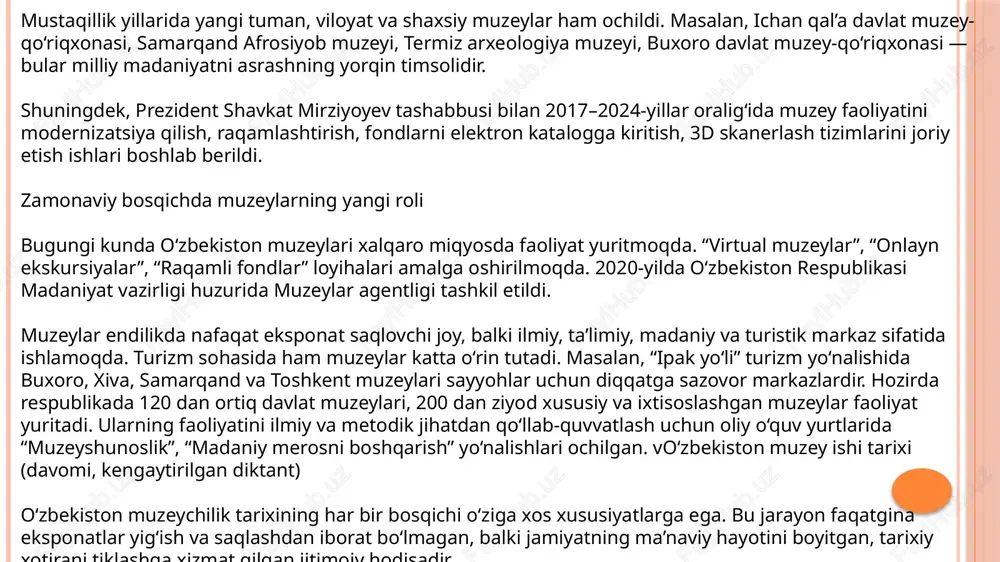 al’a davlat muzey-qo‘riqxonasi 1969-yilda tashkil etilgan. bu yerdagi madrasa, masjid, minora va saroylar majmuasi yuneskoning jahon merosi ro‘yxatiga kiritilgan. muzeyda xiva xonligi tarixi, xonlik davridagi boshqaruv tizimi, hunarmandchilik va san’at namunalariga oid boy kolleksiya saqlanadi. samarqanddagi afrosiyob arxeologiya muzeyi 1970-yilda ochilgan bo‘lib, u qadimgi samarqand (afrasiob) shahrining madaniy qatlamlaridan topilgan buyumlar asosida tashkil etilgan. muzeyda devoriy rasmlar, sopol haykalchalar, yozma hujjatlar, tangalar va diniy artefaktlar namoyish etiladi. termiz arxeologiya muzeyi 2002-yilda tashkil etilgan bo‘lib, janubiy o‘zbekistonning qadimiy tarixini yoritadi. bu muzeyda kushon davriga oid haykalchalar, buddaviylik madaniyatiga mansub topilmalar, qadimgi savdo yo‘llari bilan bog‘liq eksponatlar mavjud. qo‘qon shahridagi xudoyorxon saroyi muzeyi esa farg‘ona vodiysining tarixini o‘rganishda muhim manba hisoblanadi. saroy binosining o‘zi ham me’moriy jihatdan yodgorlik bo‘lib, unda qo‘qon xonligi davriga oid tarixiy buyumlar, qurollar, liboslar va hujjatlar saqlanadi. bu muzeylar o‘zbekiston tarixining mintaqaviy xususiyatlarini ochib beradi, xalq turmushi, urf-odatlari, san’at va me’morchiligi haqida to‘liq tasavvur yaratadi. muzeylar va ilmiy-tadqiqot …