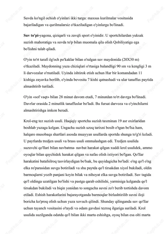harakat qilgan va nafas olish ixtiyori bo'lgan. qo'llar harakatini batafsilroq tasvirlaydigan bo'lsak, bu quyidagicha bo'ladi: o'ng qo'l o'ng elka ro'parasidan suvga botiriladi va shu paytda qo'l tirsakdan xiyol bukiladi, oldin barmoqlarni yozib panjani keyin bilak va nihoyat elka suvga botiriladi. suv tagida qo'l oldinga uzatilgan bo'lishi va pastga qarab eshilishi, yarmisiga kelganda qo'l tirsakdan bukiladi va biqin yonidan to songacha suvni zo'r berib tortishda davom etiladi. eshish harakatlarini bajarayotganda barmoqlar birlashtirilib suvni iloji boricha ko'proq olish uchun yuza xovuch qilindi. shunday qilinganda suv qo'llar uchun tayanch vositasini o'taydi va odam gavdasi tezroq ilgariga suriladi. krol usulida suzilganda odatda qo'l bilan ikki marta eshishga, oyoq bilan esa olti marta harakatlanishga ulgurish kerak. oyoqlar harakati. sportchi suzib ketayotganda uning oyoq harakatlarining roli ham ko'p narsaga bog'liqdir. shu jihatdan ular harakatlariga nom berilgan. oyoqlarning pastki harakat qilishi ishchi harakati, yuqoriga harakati esa tayyorlanish harakati deyilai. ularning vazifalari ham har xil. ishchi harakatlar gavdani …