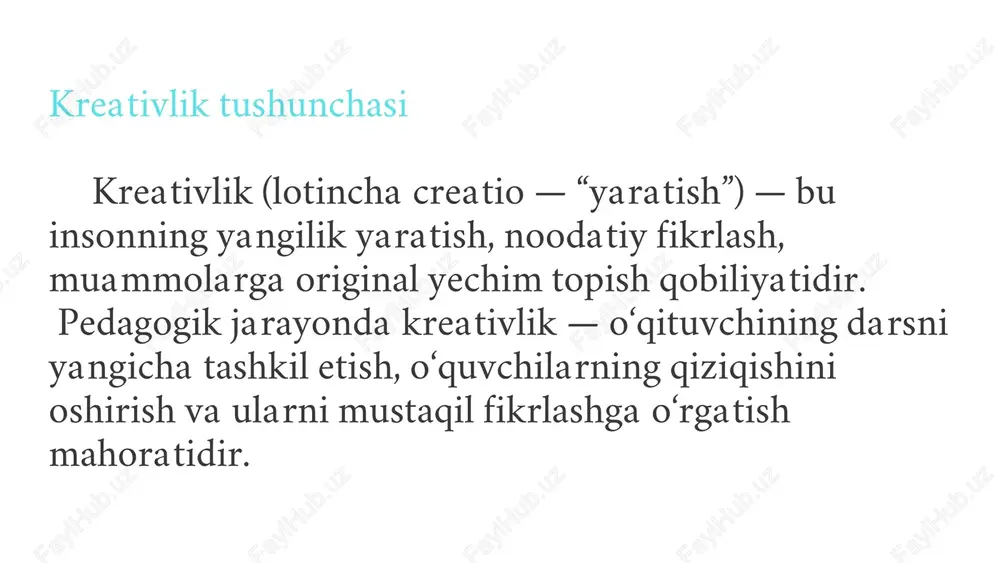 b ko‘rish, o‘z ustida ishlash, kasbiy kompetentligini oshirish imkonini yaratadi. ta’lim sifatini oshiradi – o‘quvchilarning bilim olishga bo‘lgan motivatsiyasini kuchaytiradi, ularni faol ishtirokchiga aylantiradi. jamiyat ehtiyojlariga mos o‘quvchini tarbiyalaydi – kreativ o‘qituvchi zamonaviy fikrlovchi, yangilikka ochiq, tashabbuskor avlodni shakllantiradi. kreativ muhit — bu o‘qituvchi va o‘quvchilarning erkin fikrlashi, yangi g‘oyalar yaratishi, o‘z qobiliyatlarini namoyon etishi uchun yaratilgan psixologik, ijtimoiy va tashkiliy sharoitlar majmuidir. boshqacha aytganda, kreativ muhit — bu ta’lim muassasasida ijodkorlik, hamkorlik, ishonch va yangilikka ochiqlik ruhini shakllantiruvchi tizimdir. bunday muhitda o‘qituvchi o‘z faoliyatini yangicha usullar bilan olib boradi, o‘quvchi esa ijodiy fikrini erkin ifoda etadi. kreativ muhit yaratishning asosiy maqsadi ta’lim jarayonini shaxsga yo‘naltirilgan qilish; o‘quvchi va o‘qituvchini faol ishtirokchiga aylantirish; ijodkorlikni ta’limning asosiy qadriyatiga aylantirish; har bir ishtirokchining yangi g‘oyalar ishlab chiqish salohiyatini rag‘batlantirish. 3. ta’lim muassasalarida kreativ muhit yaratishning asosiy omillari 1. psixologik qulaylik va erkinlik muhiti o‘qituvchi va o‘quvchi o‘rtasida ishonchli va samimiy munosabat o‘rnatilishi …