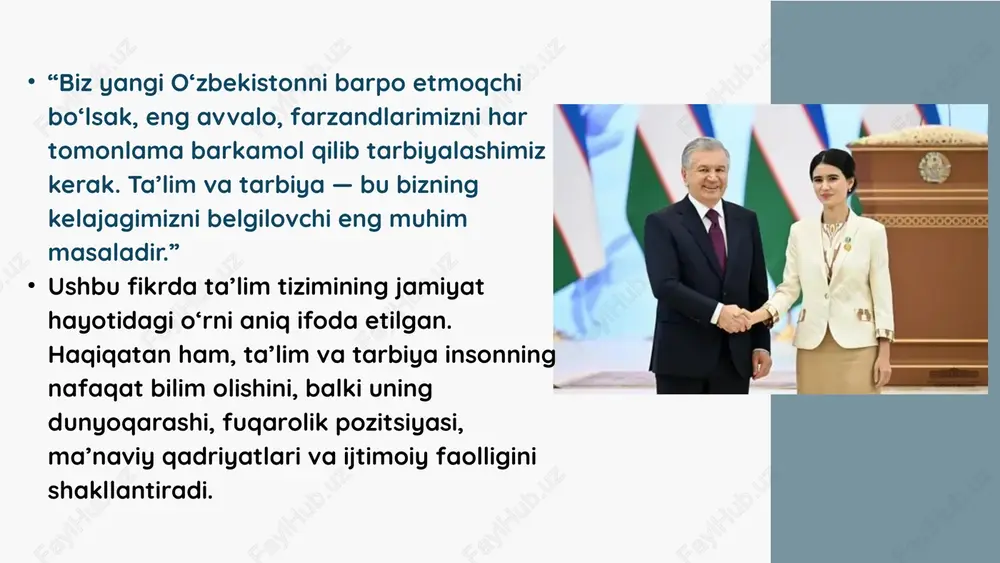 tib oliy ta’limgacha uzviy, raqamli, innovatsion ta’lim tizimini joriy etish. ilm-fanni rivojlantirish — yosh olimlarni qo‘llab-quvvatlash, fan va ishlab chiqarish integratsiyasini kuchaytirish. ma’naviy-ma’rifiy ishlarni kuchaytirish — milliy qadriyatlar, tarixiy meros va ma’naviyatni yoshlar ongiga singdirish. yoshlar siyosatini takomillashtirish — “yoshlar – kelajagimiz” dasturi orqali yoshlarning ijtimoiy faolligini oshirish. oila va jamiyatda tarbiyani mustahkamlash — ota-onalar, ustozlar va jamoatchilikning tarbiyaviy mas’uliyatini kuchaytirish. 4. “ma’rifat” va “yangi tafakkur” uyg‘unligi prezident mirziyoyev ta’lim, fan, madaniyat va ma’naviyat sohalarini bir butun tizim sifatida ko‘radi. u ma’rifatni milliy g‘urur va zamonaviy bilimlar bilan uyg‘unlashtirish zarurligini ta’kidlaydi: “biz farzandlarimizni nafaqat bilimli, balki yuksak ma’naviyatli, vatanparvar qilib tarbiyalashimiz kerak. ma’rifatli jamiyatning asosi – bu ma’naviy barkamollikdir.” shu ma’noda, “yangi o‘zbekiston – ma’rifatli jamiyat” konsepsiyasi nafaqat iqtisodiy islohotlar dasturi, balki ma’naviy-ma’rifiy uyg‘onish harakatidir. konsepsiyaning amaliy ifodasi bugungi kunda mazkur g‘oyalar quyidagi amaliy ishlar orqali hayotga tatbiq etilmoqda: “yangi o‘zbekiston maktabi” konsepsiyasi asosida zamonaviy ta’lim muassasalari tarmog‘i kengaymoqda; “ma’naviyat …