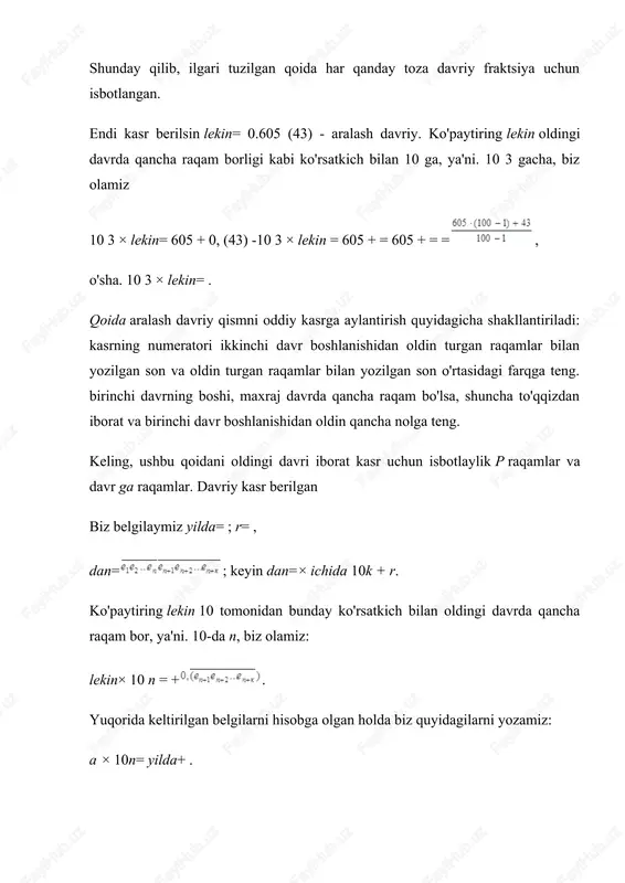 iy bo'lmagan qism: 0; davriy qism: 3; davr uzunligi: 1. davriy bo'lmagan qism: 0,58; davriy qism: 3; davr uzunligi: yana 1. davriy bo'lmagan qism: 1; davriy qism: 54; davr uzunligi: 2. davriy bo'lmagan qism: 0; davriy qism: 641025; davr davomiyligi: 6. qulaylik uchun takrorlanadigan qismlar bir-biridan bo'sh joy bilan ajratiladi - bu ushbu echimda kerak emas. davriy bo'lmagan qism: 3066; davriy qism: 6; davr uzunligi: 1. ko'rib turganingizdek, davriy kasrning ta'rifi kontseptsiyaga asoslangan raqamning muhim qismi... shuning uchun, nima ekanligini unutgan bo'lsangiz, takrorlashni maslahat beraman - "" darsiga qarang. vaqti-vaqti bilan o'nli kasrga o'ting a / b shaklning oddiy qismini ko'rib chiqing. keling, uning maxrajini asosiy omillarga kengaytiramiz. ikkita variant mavjud: 1. kengayishda faqat 2 va 5-faktorlar mavjud, bu kasrlar o'nlik sonigacha osonlikcha kamayadi - "o'nli kasrlar" darsiga qarang. biz bunga qiziqmaymiz; 2. kengayishda 2 va 5 dan tashqari yana bir narsa bor, bu holda kasr kasr sifatida ifodalanmaydi, lekin …