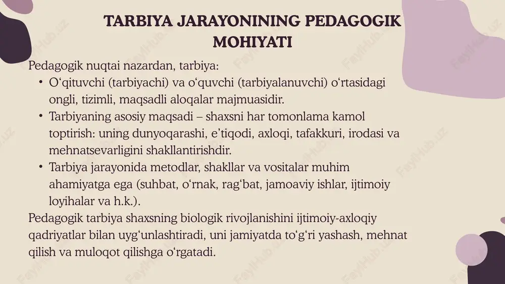 forumlar va bloglar. afzalligi: keng auditoriyani qamrab olish, tezkor aloqa o‘rnatish, yoshlarning raqamli muhitda faol ishtirokini ta’minlash. media tarbiya (mediata’lim asosida tarbiya) media tarbiya — bu o‘quvchilarda axborotni tanqidiy tahlil qilish, soxta xabarlarni farqlash, va axborot madaniyatini shakllantirish jarayonidir. asosiy maqsad: yoshlarni mediamanbalardan to‘g‘ri foydalanish, soxta axborotlardan himoyalanishga o‘rgatish. vositalar: filmlar, reklama tahlili, ijtimoiy tarmoqlardagi axborotlar ustida muhokamalar, podkastlar tinglash. raqamli platformalar asosida interfaol tarbiya bugungi kunda google classroom, moodle, edmodo, coursera kabi ta’lim platformalari orqali interfaol tarbiyaviy ishlar tashkil etilmoqda. misollar: onlayn loyihalar va vatanparvarlik tanlovlari; virtual klublar, masalan, “axborot madaniyati” yoki “yosh innovatorlar klubi”; raqamli viktorinalar, testlar, o‘yinlar orqali ma’naviy mavzularda tarbiya. ijtimoiy tarmoqlar orqali tarbiya ijtimoiy tarmoqlar yoshlarning asosiy muloqot maydoniga aylangan. shu sababli, pedagog va tarbiyachilar ijtimoiy tarmoqlarda tarbiyaviy kontent yaratish orqali ularni to‘g‘ri yo‘naltirishlari zarur. misollar: o‘qituvchining tarbiyaviy vloglari; “motivatsion postlar”, “kitobxonlik challenge”lar; milliy qadriyatlar, ekologik madaniyat, axloqiy mavzularda reels yoki short videolar. sun’iy intellekt …