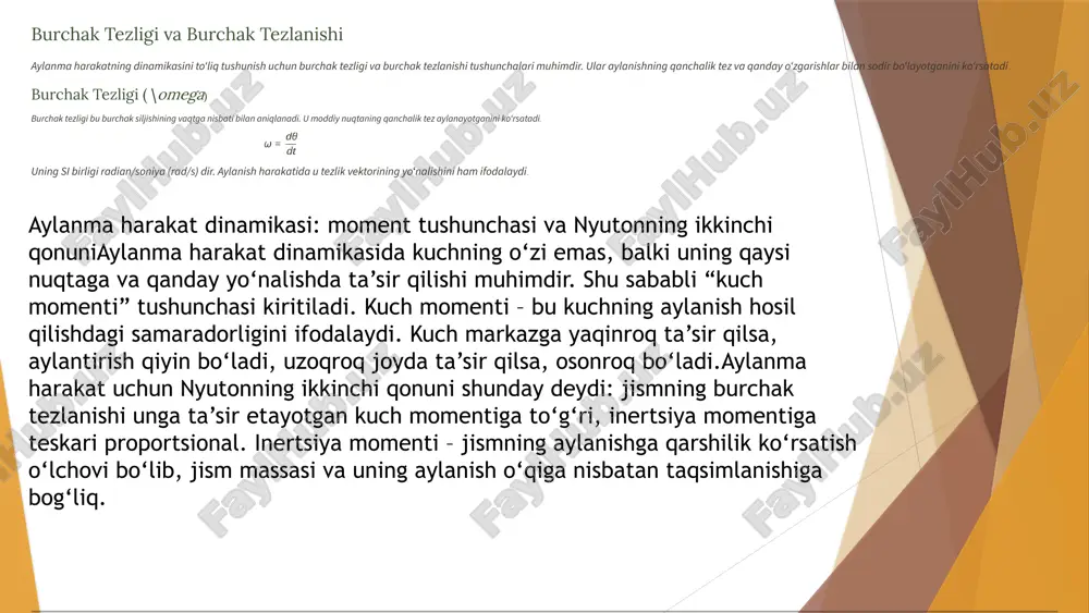 ynaydi. bu tushunchalar jismlarning qanday sharoitda oson yoki qiyin aylanishini tushunishga yordam beradi. kinetik energiya, ish va quvvat esa aylanma harakatda energiyaning o‘zgarishi va sarfini ifodalaydi. demak, aylanma harakat nazariyasi nafaqat fizikaning asosiy bo‘limi, balki texnika, mashinasozlik, astronomiya va kundalik hayotimizda ham keng qo‘llaniladi. foydalanilgan adabiyotlar to‘xtayev n., abdurahmonov q. umumiy fizika kursi. i qism: mexanika. – toshkent: o‘zbekiston, 2010. zaycev v.p., yavorskiy b.m. umumiy fizika kursi. mexanika. – moskva: nauka, 2008. sivuxin d.v. kurs obshey fiziki. tom i. mexanika. – moskva: fizmatgiz, 2006. resnick r., halliday d., krane k. physics. volume 1. – new york: wiley, 2011. ibrohimov sh. mexanika asoslari. – toshkent: fan va texnologiya, 2015. feynman r. feynman lektsiyalari fizikadan. 1-jild: mexanika, nurlanish va issiqlik. – toshkent: o‘zbekiston, 2004. image1.png image2.png image3.png image4.png image5.png image6.png image7.png image8.png image9.png image10.png image11.png image12.png image13.png image14.png image15.png image16.png image17.png image18.png image19.png image20.png image21.png image22.png image23.png image24.png image25.png image26.png image27.png image28.png