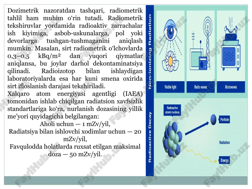 qtli) va davriy. operativ monitoringda nurlanish darajasi maxsus sensorlar orqali onlayn tarzda kuzatiladi, bu ma’lumotlar avtomatik tarzda markaziy bazaga yuboriladi. davriy monitoring esa oyma-oy yoki chorakda bir marta laboratoriya usulida amalga oshiriladi. bu jarayonlar orqali radiatsiya darajasidagi eng kichik og‘ishlar ham erta aniqlanadi va zarur choralar ko‘riladi. dpmlarda nurlanishdan himoyalanishning texnik choralari qatoriga maxsus arxitektura va dizayn yechimlari ham kiradi. rentgen xonalari joylashuvi binoning chekka qismida bo‘lishi kerak, yaqin atrofda ofis yoki bemorlar dam oladigan joylar joylashmasligi lozim. har bir rentgen xonasida ikki qavatli eshiklar, qo‘rg‘oshinli oynalar, devor burchaklarida yutuvchi plitalar o‘rnatiladi. rentgen apparatining nurlanish konusi faqat kerakli yo‘nalishda yo‘naltiriladi, ortiqcha sochiluvchi nurlanish esa qo‘shimcha filtrlar bilan to‘xtatiladi. shaxsiy himoya vositalari (shhv) radiatsiya xavfsizligini ta’minlashda hal qiluvchi o‘ringa ega. ular quyidagilarni o‘z ichiga oladi: qo‘rg‘oshinli fartuklar, qo‘rg‘oshin qo‘lqoplar, qalqonchalar, bo‘yin himoyalovchi yoqalar, qo‘rg‘oshinli ko‘zoynaklar va nurlanishni qaytaruvchi niqoblar. har bir shhvning texnik pasporti bo‘lishi, u muntazam ravishda sinovdan o‘tkazilishi va …