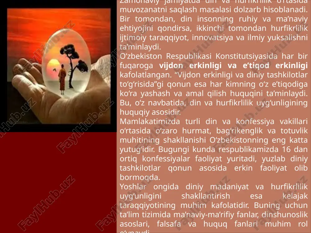 i e’tiqod asosida tarbiya berishdir. chunki haqiqiy din — bu tinchlik, mehr-oqibat, adolat va bag‘rikenglik dinidir. o‘zbekiston hukumati va jamoatchiligi bu yo‘nalishda muntazam ish olib bormoqda. “ma’naviyat va ma’rifat” markazlari, “yoshlar ishlari agentligi”, diniy-ma’rifiy nashrlar, teleko‘rsatuvlar hamda ijtimoiy loyihalar orqali yoshlarning diniy ongi va hurfikrlilik darajasi oshirilmoqda. shunday qilib, din va hurfikrlilik uyg‘unligi jamiyatda tinchlik, barqarorlik, ma’naviy yuksalish va ilmiy taraqqiyotning kafolatidir. inson o‘z e’tiqodi bilan ma’naviy boyisa, erkin fikr bilan tafakkuri kengayadi. bular birgalikda shaxsni yetuk, jamiyatni esa barqaror qiladi. xulosa din va hurfikrlilik — insoniyat ma’naviy hayotining ikki muhim ustunidir. ular bir-birini inkor etmaydi, aksincha, o‘zaro uyg‘unlikda jamiyat taraqqiyotining poydevorini tashkil etadi. din inson qalbini poklaydi, uni ezgulikka, halollikka va adolatga chorlaydi. hurfikrlilik esa inson tafakkurini kengaytiradi, yangilikni izlashga, hayotga tanqidiy va ijodiy yondashishga undaydi. agar bu ikki hodisa o‘zaro muvozanatda rivojlansa, jamiyatda barqarorlik, tinchlik va ma’naviy uyg‘unlik qaror topadi. bugungi globallashuv davrida din va hurfikrlilikni qarama-qarshi qo‘yish …