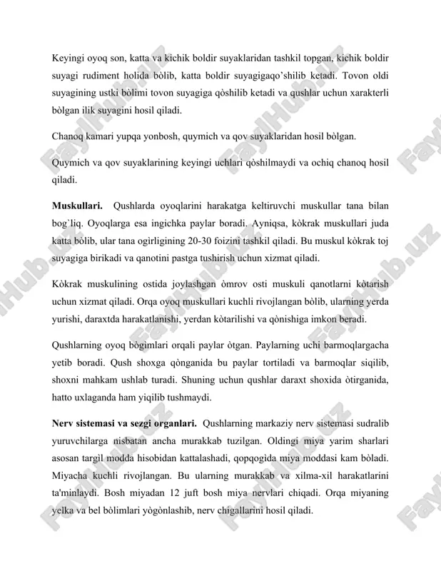 ka va yògòn ichaklar chegarasida juft kòrichak òsimtasi joylashgan. qushlarda tòg`ri ichak yòq. yògòn ichak tòg`ridan-tòg`ri kloakaga ochiladi. kloakaning ustki devorida fabrisiy xaltasi bòladi, bunda ovqat tarkibidagi namlik sòriladi. oshqozon ostki bezining chiqarish yòli 12 barmoqli ichakka ochiladi. kaptarlarning jigarida boshqa qushlarda bòladigan òt pufagi bòlmaydi. nafas olish sistemasi. qushlarning nafas olish organlari òziga xos tarzda tuzilgan bòlib, boshqa ichki organlarga nisbatan uchishga kòproq moslashgan. ogìz bòshligìning tòrida hiqildoq yorigì joylashgan, u hiqildoqqa ochiladi. hiqildoqni toq uzuksimon va juft chòmichsimon togàylari tutib turadi. bu ustki hiqildoq doimiy, ovoz apparati vazifasini bajarmaydi. ustki hiqildoq traxeyaga ochiladi. traxeya kòkrak bòshligìda ikkita bronxga bòlinadi. shu joyda, ya'ni traxeya bronxlarga bòlingan joyda qushlar uchun xos bòlgan pastki hiqildoq joylashadi va suyak halqalar bilan ushlab turiladi. pastki hiqildoq ovoz apparati vazifasini bajaradi. bu yerda tashqi va ichki ovoz pardalari tarang tortiladi va ovoz chiqaradi. bronxlar òpkaga kirgandan sòng shoxlanadi va bronxiolalar hosil qiladi. lekin ba'zan …
