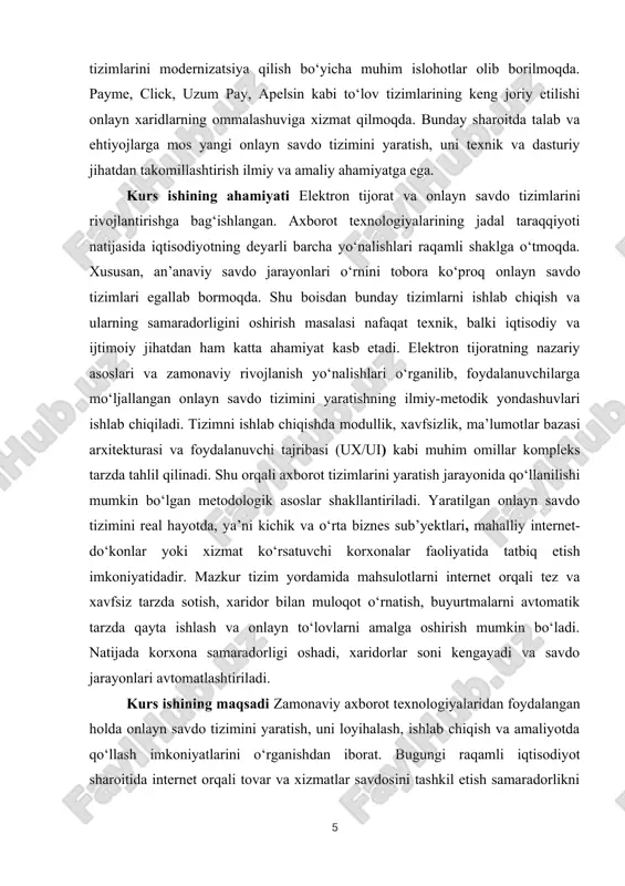 lari quyidagilardan iborat — mahsulot va xizmatlarni bozorda tez va qulay tarqatishni ta’minlash; — ishlab chiqaruvchi bilan iste’molchi o‘rtasidagi vositachilarni kamaytirish; — savdo jarayonlarini raqamlashtirish va avtomatlashtirish; — korxona xarajatlarini qisqartirish hamda samaradorlikni oshirish; — mijozlarga 24/7 rejimda xizmat ko‘rsatish imkoniyatini yaratish; — tovar aylanmasini tezlashtirish va bozorda raqobatbardoshlikni kuchaytirish. zamonaviy iqtisodiyotda elektron tijoratning o‘rni nihoyatda muhim. chunki u global bozorlar bilan integratsiyani kuchaytiradi, kichik va o‘rta bizneslar uchun yangi imkoniyatlar yaratadi, eksport salohiyatini oshiradi va milliy iqtisodiyotning raqamli transformatsiyasini jadallashtiradi. elektron tijoratning rivojlanishi o‘zbekistonda ham faol bosqichga kirgan. bugungi kunda “asaxiy”, “olx”, “zoodmall”, “texnomart”, “book.uz” kabi platformalar aholining xarid qilish madaniyatini yangi bosqichga olib chiqmoqda. shu orqali nafaqat iste’molchilar qulaylikka ega bo‘lmoqda, balki mahalliy ishlab chiqaruvchilar ham o‘z mahsulotlarini keng bozorga chiqarish imkoniga ega bo‘lmoqda. 3-rasm elektron tijoratning shakllanishi va rivojlanishi axborot texnologiyalarining yuksalishi bilan chambarchas bog‘liq. avvallari savdo jarayonlari faqat an’anaviy usulda, ya’ni do‘kon, bozor yoki ofis orqali …