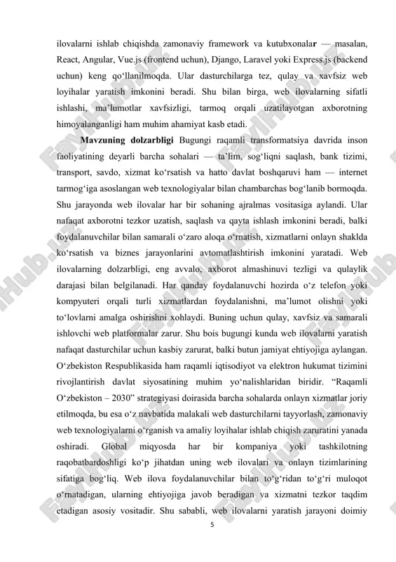 lizcha “web application”) — bu foydalanuvchi tomonidan internet yoki lokal tarmoq orqali maxsus veb-brauzer yordamida ishlatiladigan dasturiy ta’minot turidir. oddiy qilib aytganda, web ilova — bu foydalanuvchi kompyuteriga alohida dastur o‘rnatishni talab qilmaydigan, balki veb-sayt orqali ishlovchi interaktiv tizimdir. web ilovalar foydalanuvchining brauzeridan kelgan so‘rovni qabul qilib, uni serverga yuboradi, server esa ma’lumotlar bazasi bilan ishlaydi, so‘rovni qayta ishlaydi va natijani foydalanuvchi ekranida web sahifa ko‘rinishida aks ettiradi. ushbu jarayon “mijoz–server” arxitekturasi deb ataladi. mijoz (client) — bu foydalanuvchi tomonidan ishlatiladigan brauzer, server esa — web ilovaning asosiy hisoblash va ma’lumotlar saqlash markazidir. web ilovalar an’anaviy kompyuter dasturlariga nisbatan bir qator afzalliklarga ega. birinchidan, ular platformaga bog‘liq emas, ya’ni windows, linux yoki android kabi turli operatsion tizimlarda bir xil ishlaydi. ikkinchidan, yangilanish jarayoni oddiy — dastur serverda yangilansa, barcha foydalanuvchilar avtomatik ravishda yangi versiyadan foydalanadilar. uchinchidan, web ilovalar masofaviy foydalanish imkonini beradi, ya’ni foydalanuvchi internet mavjud bo‘lgan istalgan joydan tizimga …