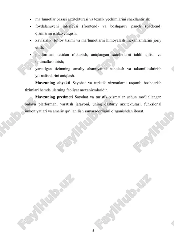 uchun qulaylik, xavfsizlik va shaffoflik darajasi oshdi. o‘zbekiston sharoitida ham turizmni raqamlashtirish davlat siyosatining muhim yo‘nalishiga aylandi. “raqamli o‘zbekiston – 2030” strategiyasida turizm xizmatlarini raqamli platformalar asosida rivojlantirish, onlayn bronlash tizimlarini keng joriy etish va xorijiy sayyohlar uchun yagona axborot bazasini yaratish ustuvor vazifalardan biri sifatida belgilangan. axborot texnologiyalarining turizm sohasidagi roli beqiyosdir. u nafaqat xizmat ko‘rsatish jarayonlarini avtomatlashtiradi, balki butun sohaning raqobatbardoshligini oshiradi, yangi ish o‘rinlari yaratadi va mamlakat iqtisodiyotiga sezilarli hissa qo‘shadi. 1-rasm so‘nggi yillarda turizm sohasida onlayn platformalar eng samarali boshqaruv vositalaridan biriga aylandi. ular nafaqat sayohatchilar uchun qulaylik yaratadi, balki turistik agentliklar, mehmonxonalar va transport kompaniyalari uchun ham yangi imkoniyatlar eshigini ochadi. onlayn platformalarning asosiy afzalligi — tezkorlik, shaffoflik va foydalanish qulayligidadir. birgina platforma orqali foydalanuvchi yo‘nalish tanlaydi, mehmonxonani bron qiladi, chiptalarni xarid qiladi va hatto ekskursiya dasturlarini shakllantiradi. bularning barchasi bir necha daqiqa ichida amalga oshadi. turizm sohasidagi mashhur onlayn platformalar — booking.com, airbnb, tripadvisor, …