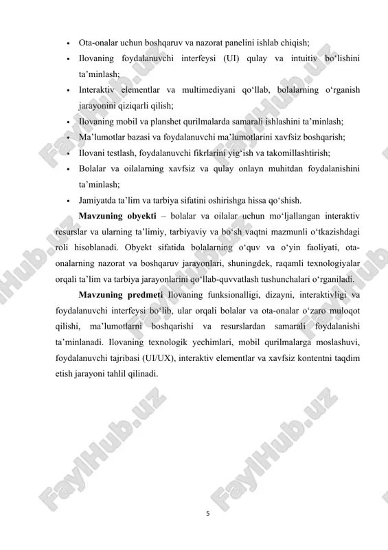 turli shakllarda bo‘lishi mumkin va ularning har biri o‘ziga xos funksiyalar va maqsadlarga ega. birinchi navbatda, ta’limiy ilovalar bolalarning bilimini oshirish, o‘qish va yozish ko‘nikmalarini rivojlantirish, matematika, fan, til va boshqa fanlardan interaktiv darsliklar taqdim etadi. bu ilovalar orqali bolalar nazariy bilimlarni amaliy mashqlar bilan mustahkamlashadi va yangi ko‘nikmalarni o‘zlashtiradi. ikkinchi tur – o‘yin va kreativ ilovalar, ular bolalarning ijodiy fikrlashini rivojlantiradi, masalalarni hal qilish, mantiqiy fikrlash va diqqatni jamlash qobiliyatlarini oshiradi. shu turdagi ilovalar bolalarning qiziqishini uyg‘otadi va o‘rganishni qiziqarli shaklda amalga oshirishga yordam beradi. uchinchi tur – ota-onalar paneli yoki boshqaruv ilovalari, ular orqali ota-onalar farzandlarining ilovadagi faoliyatini kuzatishi, vaqt va kontentni boshqarishi mumkin. bu turdagi ilovalar xavfsiz onlayn muhitni ta’minlash, zararli kontentdan himoya qilish va oilaviy nazoratni kuchaytirish vazifasini bajaradi. mavjud ilovalar multimedia resurslarini o‘z ichiga oladi: videolar, audio darsliklar, animatsiyalar va interaktiv diagrammalar. bu esa bolalarning turli sezgilar orqali o‘rganishiga, bilimlarni mustahkamlashga va mavzularni yaxshiroq tushunishga …