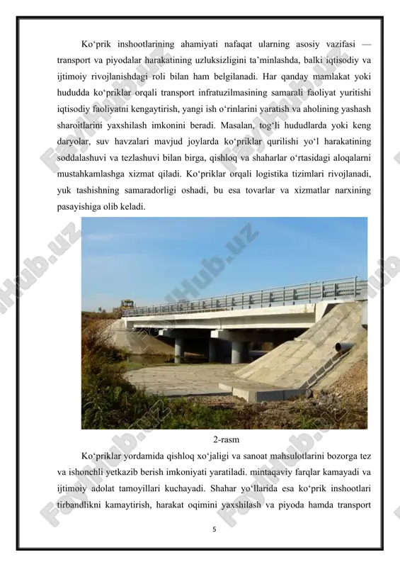 ri, ularning xavfsizligi yo‘l harakati qoidalariga qat’iy rioya qilinishini ta’minlashda muhim ahamiyatga ega. ko‘prikda piyodalar, velosipedchilar va transport vositalari uchun maxsus yo‘laklarning mavjudligi, harakatni tartibga soluvchi yoritish va signalizatsiya tizimlari yo‘l xavfsizligini oshiradi. ko‘priklar qurilishida va ekspluatatsiyasida tabiiy muhitga zarar yetkazmaslik, suv havzalarining tabiiy oqimini saqlab qolish, o‘simlik va hayvonot dunyosining yashash sharoitlarini buzmaslik kabi talablar muhim hisoblanadi. shu sababli, zamonaviy ko‘prik loyihalarida ekologik me’yorlarga qat’iy rioya qilinadi, atrof-muhitni muhofaza qilish texnologiyalari keng qo‘llaniladi. ko‘prik inshootlarining ijtimoiy ahamiyati ham katta bo‘lib, ular aholining kundalik hayoti, ta’lim, sog‘liqni saqlash va madaniyat sohalaridagi faoliyatini qo‘llab-quvvatlaydi. masalan, qishloq joylarda ko‘priklar yo‘qligi odamlarning shifoxonalarga, maktablarga va bozor joylariga yetib borishini qiyinlashtiradi. shu bilan birga, ko‘priklar nafaqat transport vositalari uchun, balki favqulodda vaziyatlarda tez yordam, yong‘in xizmati va boshqa muhim xizmatlar uchun ham hayotiy ahamiyatga ega. yuqori sifatli va ishonchli ko‘prik inshootlari milliy xavfsizlik nuqtayi nazaridan ham muhim hisoblanadi. ular orqali harbiy va boshqa maxsus …