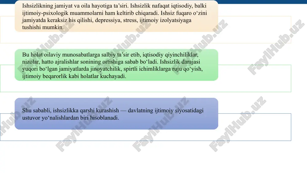 h ish o‘rinlari va ishchi kuchi o‘rtasidagi nomutanosiblik, malakali kadrlar yetishmasligi, ayrim hududlarda sanoat korxonalarining kamligi ishsizlikni kuchaytiradi. bundan tashqari, ijtimoiy xizmatlar tizimida kadrlar salohiyati yetarli darajada emas, ijtimoiy xodimlarning kasbiy tayyorgarligi va psixologik yondashuvi har doim ham zamon talablariga mos bo‘lavermaydi. ishsizlar uchun yaratilgan davlat dasturlari ayrim hollarda amalda to‘liq bajarilmayapti yoki moliyaviy ta’minoti sust. shu sababli, tizimli monitoring, natijadorlik bahosi va nazorat mexanizmlarini kuchaytirish zarur. bugungi kunda rivojlangan mamlakatlarda ishsiz fuqarolar bilan ishlashda innovatsion va individual yondashuvlarga alohida e’tibor berilmoqda. masalan, germaniya, janubiy koreya va yaponiya tajribasida “faol bandlik siyosati” konsepsiyasi muvaffaqiyatli qo‘llanilmoqda. unga ko‘ra, ishsizlarga faqat moddiy yordam emas, balki kasbiy rivojlanish, shaxsiy reja asosida mehnatga tayyorlash, onlayn ta’lim va masofaviy o‘qitish tizimlari taklif etiladi. o‘zbekiston sharoitida ham bu tajribalardan foydalanish, raqamli mehnat birjalari, masofaviy kasbga tayyorlash platformalarini rivojlantirish, yoshlar va ayollar uchun maxsus grant dasturlarini kengaytirish ijobiy natija beradi. ishsiz fuqarolarning mehnat bozoriga qayta integratsiyasi ularni …
