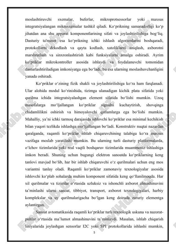 an, ishlab chiqarish liniyalarida joylashgan sensorlar i2c yoki spi protokollarida ishlashi mumkin, boshqaruv tizimi esa uart yoki modbus asosida faoliyat yuritadi. bu yerda turli interfeyslar o‘rtasida moslik yaratish uchun raqamli ko‘priklardan foydalaniladi. shuningdek, avtomatlashtirilgan ishlab chiqarish jarayonlarida bir nechta mikrokontroller tizimlarini yagona tarmoqqa bog‘lashda ethernet-to-serial yoki can-to-uart ko‘priklar ishlatiladi. bu orqali har bir qurilma o‘z vazifasini bajaradi, biroq umumiy tizim bilan uzviy aloqada bo‘ladi. tibbiyot sohasida raqamli ko‘priklar diagnostika va monitoring qurilmalarini markaziy boshqaruv tizimiga ulash uchun qo‘llaniladi. masalan, yurak urish chastotasini o‘lchaydigan datchiklar yoki qon bosimini aniqlovchi qurilmalar turli xil signal protokollarida ishlaydi. ularni bitta markazlashtirilgan kompyuter yoki serverga ulash uchun raqamli interfeys ko‘priklari zarur. ayniqsa, statsionar va portativ tibbiy uskunalar o‘rtasida axborot almashinuvini sinxronlashtirishda bu texnologiya muhim o‘rin tutadi. transport tizimlarida ham raqamli ko‘priklarning qo‘llanilishi keng. avtomobil sanoatida elektron boshqaruv bloklari, masalan, dvigatel nazorati, tormoz tizimi, xavfsizlik sensorlari o‘zaro turli protokollarda ishlaydi. can, lin, flexray kabi tarmoq standartlari …