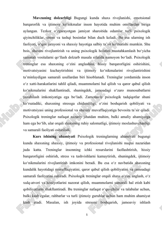 ulq-atvori, hissiyotlari va qaror qabul qilish qobiliyatini rivojlantiradilar.[footnoteref:1] [1: qodirova, m. ijtimoiy muhitda muloqot psixologiyasi. toshkent sharq nashriyoti, 2021.] treninglar shaxsning o‘z-o‘zini anglash, ichki resurslarini faollashtirish va shaxsiy o‘sishiga yordam beruvchi vosita sifatida xizmat qiladi. psixologik trening tushunchasi bir qancha asosiy komponentlardan iborat: birinchidan, bu – maqsadga yo‘naltirilgan mashg‘ulotlar tizimi, ya’ni trening aniq belgilangan maqsadga – shaxsning psixologik rivojlanishini oshirishga qaratilgan. ikkinchidan, bu – interaktiv jarayon, unda ishtirokchilar faol ravishda o‘z hissiyotlari, fikrlari va xulq-atvori bilan ishlaydilar. uchinchi komponent – feedback va tahlil, ya’ni ishtirokchilar o‘z faoliyatini baholaydilar, ustida ishlaydilar va o‘z xatti-harakatlarini takomillashtiradilar. psixologik treninglar nafaqat shaxsning ichki psixologik holatini mustahkamlashga, balki uning ijtimoiy ko‘nikmalarini rivojlantirishga ham xizmat qiladi. misol uchun, treninglar yordamida shaxs o‘zining muloqot qobiliyatini oshiradi, jamoadagi samarali hamkorlik ko‘nikmalarini rivojlantiradi, muammolarni hal qilish va qaror qabul qilish jarayonida ongli va maqsadli harakat qiladi. psixologik treninglar nafaqat shaxsiy rivojlanish, balki professional faoliyatda ham samarali vosita hisoblanadi. psixologik …