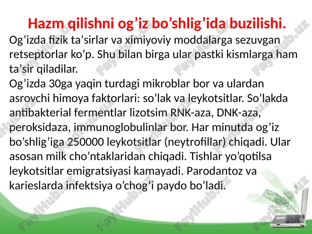 si yotadi. bu gipoksiya ikki xil yo’l bilan kelib chiqadi: 1.bir tomondan jigar hujayralarida metobo­lik jarayonlar kuchli bo’lgani uchun gepatotsitlarni kislorodga extiyoji ko’pdir; 2. ikkinchidan gipoksiya eritrotsitlarni shikastlanishi xisobiga yuzaga keladi. chunki jigar kasallarida eritrotsitlarni tarkibidagi glutationni miqdori kamaygani uchun uni sorbtsion xususiyatlari pasaya­di va membranalarini osmotik chidamliligi ortadi va natijada eritro­tsitlarni funksional etishmovchiligi kelib chiqadi. jigar shikastlanishining ko’rinishlari. o’tkir kechuvchi jarayonlar orasida ko’pincha goh distrofik, goh yal­lig’lanish hodisalari ustunlik qiladigan diffuz shikastlanishning turli shakllari uchraydi. 1. gepatozlar - jigarni distrofik o’zgarishlari bo’lib moddalar al­mashinuvini birlamchi buzilishi bilan harakterlanadi. morfologik ko’ri­nishida distrofik o’zgarishlar bo’ladi, lekin mezinxima hujayralarida ko’zga ko’rinarli o’zgarishlar bo’lmaydi. masalan: yog’lar, xolesterinlar, pigmentlar, oqsillar almashinuvini buzilishidan kelib chiqadigan gepa­tozlar. geliotrin alkoloidi ta’sirida oldin gepatoz, keyin gepatit va sirroz rivojlanadi. 2. gepatitlar har-xil etiologik omillar ta’sirida vujudga kelib o’tkir yoki surunkali formalarda o’tadi. vujudga kelishiga qarab gepa­titlar birlamchi va ikkilamchi bo’ladi. birlamchi gepatit alohida ka­sallik bo’lib, gepatotrop virus, alkogol …