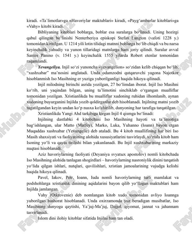 sahifani odam (as)ga, 50 sahifani shis(as)ga, 30 sahifani idris(as)ga, 10 sahifani ibrohim (as)ga yuborgan. muso (as)ga tovrot, dovud (as)ga zabur, iso(as)ga injil va muhammad (sav)ga qur’onni nozil qilgan. qur’ondan boshqa ilohiy kitoblar va sahifalar bir yo‘la bir da’fada nozil qilingan, deb hisoblanadi. qur’on xazrat jabroil orqali 23 yil mobaynida oyat-oyat, sura-sura shaklida yuborilgan -deydi. bibliya. bibliya, yahudiylik va xristianlik dinlari ta`limotiga ko‘ra, u xudo tomonidan nozil qilingan, asosiy diniy aqida va axloq qonunlarini o‘zida jamlagan muqaddas kitoblar majmuasidir. uning tarkibiga kirgan yahudiy diniga talluqli kitoblar «qadimiy ahd» deb, xristian talimotiga tegishli kitoblar «yangi ahd» deb nomlanadi. yahudiy va xristian bibliyalari bir-biriga mos kelmaydi. yahudiylarning muqaddas kitobi qadimiy isroil va qadimiy yahudiylarning diniy talimot va urf-odatlari asosida eramizdan avalgi xiii asrda yozilgan bo‘lsa, xristianlarning kitobi esa eramizning boshlarida vujudga keldi. yahudiylar xristianlarning kitobini muqaddas kitob sifatida tan olmaydilar xristianlar esa yahudiylarning kitobini muqaddas kitob sifatida tan oladilar. bibliya so‘zining grekchadan tarjimasi …