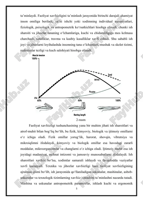 rning shaxsiy himoya vositalarini to‘g‘ri tanlashi va foydalanishi, xavfsizlik qoidalariga rioya qilishini o‘z ichiga oladi. shaxsiy himoya vositalari maxsus kiyim, respiratorlar, qo‘lqoplar, zirhlar va boshqa jihozlardan iborat bo‘lib, ishchi tanasini jismoniy va kimyoviy xavflardan himoya qiladi. xavfsizlik madaniyati esa ishchilarni xavfsizlikni ta’minlash bo‘yicha muntazam o‘qitish, nazorat va motivatsiyani o‘z ichiga oladi. shu tarzda, faoliyat xavfsizligi tushunchasi inson omili, ish sharoiti, texnika va jihozlar, mehnatni tashkil etish, shaxsiy himoya vositalari va xavfsizlik madaniyati kabi bir-birini to‘ldiruvchi komponentlardan iborat bo‘lib, ular birgalikda ish jarayonini xavfsiz, samarali va inson salomatligiga moslashgan holatda tashkil etishga xizmat qiladi. zamonaviy tadqiqotlar shuni ko‘rsatadiki, faoliyat xavfsizligini oshirishning eng samarali usuli ish joyi va texnika vositalarini antropometrik va ergonomik talablarga moslashtirishdir, bu esa favqulodda vaziyatlar xavfini sezilarli darajada kamaytiradi va ish samaradorligini oshiradi. faoliyat xavfsizligi insonning ish jarayonida yuzaga kelishi mumkin bo‘lgan xavf-xatar va zararli omillardan himoyalanish, ish jarayonini samarali tashkil etish va xodimlarning sog‘lig‘ini saqlash tizimi sifatida …
