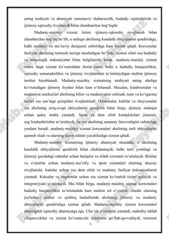i oshiradi, teatr va ko‘rgazma zallari esa san’atga qiziqishni rivojlantiradi. oshxonalar, kafelar va choyxonalar esa aholining oziq-ovqat ehtiyojlarini qondirish bilan birga, ijtimoiy muloqot uchun qulay muhit yaratadi. sport va dam olish komplekslari jismoniy sog‘lomlashtirishni ta’minlaydi, bu esa aholining umumiy farovonligini oshirishga yordam beradi. madaniy-maishiy xizmat korxonalari aholining turli ehtiyojlarini qamrab oladi va ularning hayot sifatini yaxshilashga xizmat qiladi. madaniy-maishiy xizmatning ijtimoiy ahamiyati shundaki, u aholining kundalik ehtiyojlarini qondirish bilan cheklanmaydi, balki turli yoshdagi va ijtimoiy guruhdagi odamlar uchun barqaror va sifatli xizmatni ta’minlaydi. bolalar va o‘smirlar uchun madaniy-ma’rifiy va sport xizmatlari ularning shaxsiy rivojlanishi, kattalar uchun esa dam olish va madaniy faoliyat imkoniyatlarini yaratadi. keksalar va nogironlar uchun esa xizmat ko‘rsatish tizimi qulaylik va integratsiyani ta’minlaydi. shu bilan birga, madaniy-maishiy xizmat korxonalari hududiy barqarorlikni ta’minlashda ham muhim rol o‘ynaydi, chunki ularning joylashuvi shahar va qishloq hududlarida aholining ijtimoiy va madaniy ehtiyojlarini qondirishga xizmat qiladi. madaniy-maishiy xizmat korxonalari shuningdek iqtisodiy ahamiyatga …