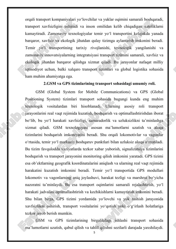 holatlariga tezkor javob berish mumkin. gsm va gps tizimlarining birgalikdagi ishlashi transport sohasida ma’lumotlarni uzatish, qabul qilish va tahlil qilishni sezilarli darajada yaxshilaydi. masalan, gsm orqali uzatilgan gps koordinatalari boshqaruv markazida analiz qilinadi va harakat jarayoni to‘g‘ri yo‘lga qo‘yiladi. bu tizimlar transport kompaniyalariga yo‘lovchi va yuk oqimini samarali boshqarish, yo‘llarda xavfsizlikni ta’minlash va favqulodda vaziyatlarga tezkor chora ko‘rish imkonini beradi. zamonaviy temir yo‘l tizimlarida gsm va gps integratsiyasi nafaqat texnik nazoratni, balki iqtisodiy samaradorlikni oshirishga ham xizmat qiladi. masalan, yo‘nalishlarni va harakat jadvalini optimallashtirish orqali yonilg‘i sarfi kamayadi, transport resurslari samarali taqsimlanadi va ishchi-xodimlarning mehnat samaradorligi oshadi. shu sababli, gsm va gps tizimlari zamonaviy transportning raqamli boshqaruvining ajralmas qismi hisoblanadi va ularni keng qo‘llash transport xavfsizligi, samaradorligi va uzluksizligini ta’minlashda hal qiluvchi ahamiyatga ega. 2-rasm gsm modullari temir yo‘l transportida signalizatsiya, aloqa va monitoring tizimlarini boshqarishda markaziy o‘rin tutadi. ushbu modullar gsm tarmog‘i orqali ma’lumotlarni uzatish va qabul qilish imkoniyatini …