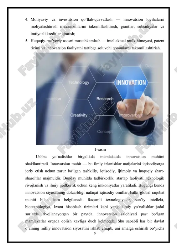 r jadal sur’atda rivojlanayotgan bir paytda, innovatsion salohiyati past bo‘lgan mamlakatlar orqada qolish xavfiga duch kelmoqda. shu sababli har bir davlat o‘zining milliy innovatsion siyosatini ishlab chiqib, uni amalga oshirish bo‘yicha aniq strategiyalar belgilashi zarur. o‘zbekiston ham bu borada faol islohotlarni amalga oshirmoqda. so‘nggi yillarda innovatsion siyosatning ustuvor yo‘nalishlari sifatida raqamli iqtisodiyotni rivojlantirish, “aqlli shahar” va “raqamli hukumat” tizimlarini joriy etish, energetika samaradorligini oshirish, ekologik barqarorlikni ta’minlash hamda ilmiy tadqiqotlarni tijoratlashtirish kabi maqsadlar ilgari surildi. innovatsion rivojlanish vazirligi tomonidan ilmiy tadqiqotlar uchun davlat grantlari, texnoparklar uchun maxsus imtiyozlar joriy etildi. bundan tashqari, xalqaro hamkorlik doirasida yevropa ittifoqi, koreya respublikasi, yaponiya, xitoy va rossiya bilan qo‘shma ilmiy-texnik dasturlar amalga oshirilmoqda. innovatsion siyosatning dolzarbligi shuningdek, inson kapitalini rivojlantirish bilan ham bevosita bog‘liqdir. zamonaviy innovatsion iqtisodiyotda inson – eng asosiy resurs hisoblanadi. ta’lim tizimining ilmiy-texnik yo‘nalishlarda modernizatsiya qilinishi, yosh olimlar, muhandislar, it mutaxassislarining salohiyatini qo‘llab-quvvatlash — innovatsion siyosatning eng muhim tarkibiy qismi hisoblanadi. …