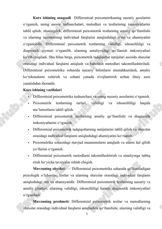 sh va taqqoslashdir. psixometrika so‘zi yunon tilidan kelib chiqqan bo‘lib, “psyche” — ruh va “metron” — o‘lchov degan ma’noni anglatadi. bu fan psixologiya, statistika, matematika va metodologiyaning kesishmasida joylashgan bo‘lib, psixologik testlar, so‘rovnomalar va boshqa o‘lchov vositalarini ishlab chiqish hamda ularni tadqiq etish bilan shug‘ullanadi. psixometrikaning rivojlanishi xix asr oxiri va xx asr boshlariga to‘g‘ri keladi. bu davrda iq testlari, shaxsiyat testlari va boshqa diagnostik vositalar paydo bo‘la boshladi.[footnoteref:1] psixometrikaning asoschilaridan biri sifatida fransis galton, alfred binet, va luis terman kabi olimlarni aytish mumkin. ular insonlarning intellektual qobiliyatlarini o‘lchash uchun birinchi testlarni yaratgan va psixometrik yondashuvni shakllantirishda katta hissa qo‘shganlar. keyinchalik, bu soha rivojlanib, testlarning validligi (haqiqiyligi) va releyabilligi (ishonchliligi) tushunchalari vujudga keldi, bu esa psixometrik vositalarning sifatini ta’minlashda muhim ahamiyatga ega bo‘ldi. [1: anastasi a. “psixologik testlash: nazariya va amaliyot”. – moskva: refl-buk, 2001.] differentsial psixometrika esa aynan shaxslar o‘rtasidagi farqlarni aniqlashga qaratilgan bo‘lib, bu soha insonlarning individual xususiyatlarini, …