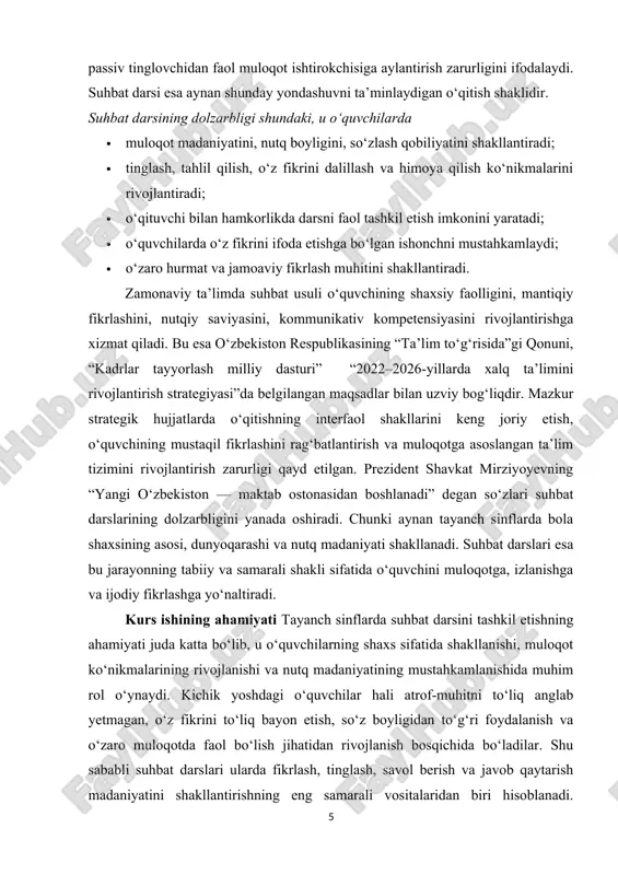 larini shakllantirishdan iborat. kurs ishining vazifalari · o‘quvchilarning og‘zaki nutqini rivojlantirish, so‘z boyligini kengaytirish; · o‘quvchilarda mustaqil fikrlash va o‘z fikrini aniq ifodalash ko‘nikmalarini shakllantirish; · tinglash, savol berish va javob qaytarish madaniyatini rivojlantirish; · o‘quvchilarda muloqot madaniyati va o‘zaro hurmat tuyg‘usini tarbiyalash; · dars jarayonida o‘quvchilarni faol ishtirok etishga, fikr almashishga jalb etish; · mavzuni hayotiy misollar, kuzatishlar va shaxsiy tajriba orqali o‘zlashtirishga ko‘maklashish; · jamoada ishlash, boshqalar fikrini tinglash va baholash ko‘nikmalarini shakllantirish; · o‘quvchilarning ijtimoiy faolligi va o‘ziga ishonchini mustahkamlash; mavzuning obyekti tayanch sinf o‘quvchilarining ta’lim-tarbiya jarayonida suhbat darslari orqali nutq, muloqot va fikrlash faoliyatining rivojlanish jarayoni. mavzuning predmeti: tayanch sinflarda suhbat darslarini samarali tashkil etish usullari, o‘qituvchi va o‘quvchi o‘rtasidagi muloqotni rivojlantirishga xizmat qiluvchi metodlar hamda suhbat darslarining ta’lim-tarbiya jarayonidagi o‘rni va ta’siri. ushbu kurs ishining tarkibiy tuzilishi kirish ikki asosiy bob 4 paragraf xulosa va foydalanilgan adabiyotlardan iborat. i bob suhbat darsining metodik asoslari 1.1 …