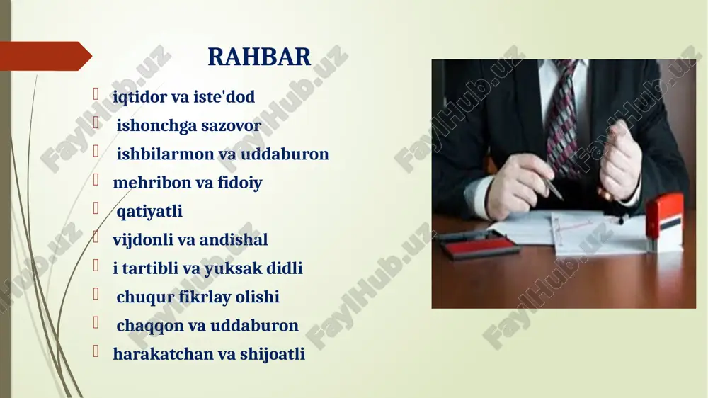 h uchun xodimlarning o'z ishiga mas'uliyat bilan yondashishi. ongli mehnat intizomi. xizmat bo'yicha munosabatning ma'naviy qoniqtiruvchanligi xodimlarning ma'naviy yuksakligi zamonaviy rahbar boshqaruv faoliyatining muhim sifat ko'rsatkichi hisoblanadi. jamoa faoliyatining natijasi rahbarning sifatlarigagina bog'liq emas, balki har bir shaxs va umumjamoa axloqiy sog'lomligiga ham bog'liq. o'z jamoasini axloqiy sog'lom jamoaga aylantirish rahbarning muhim boshqaruv maqsadi hisoblanadi. bunga erishish uchun boshqaruv odobi – ishlab chiqarishni tashkil etish va boshqarishning barcha ishtirokchilari xulq–atvori tamoyillari va me'yorlari yaratilgan. xizmat munosabatlari sohasidagi odob-axloq qoidalari sog'lom fikr; axloqiylik qulaylik; tejamkorlik; universalizm; samaradorlik; erkinlik; «rahbar imiji» tushunchasi bir qancha birikmalardan tashkil topadi. professionallik va kompetentlik. ma'naviy ishonchlilik. ijtimoiy ma'lumotlilik. psixotexnologiyalar haqida bilimlarga ega bo'lish. insonning jamiyatga o'zini talqin etishi, har doim ham jamiyat tomonidan u hohlaganday qabul qilinavermaydi. o'zini taqdim etishning yorqin misollarini egallashga bo'lgan shijoati insonning shaxs sifatida kamol topganligi va rivojlanish hamda mukammallashuvi belgisidir o'z - o'ziga bo'lgan talabning mukammallashuvi, o'zining tashqi va ichki psixologik …