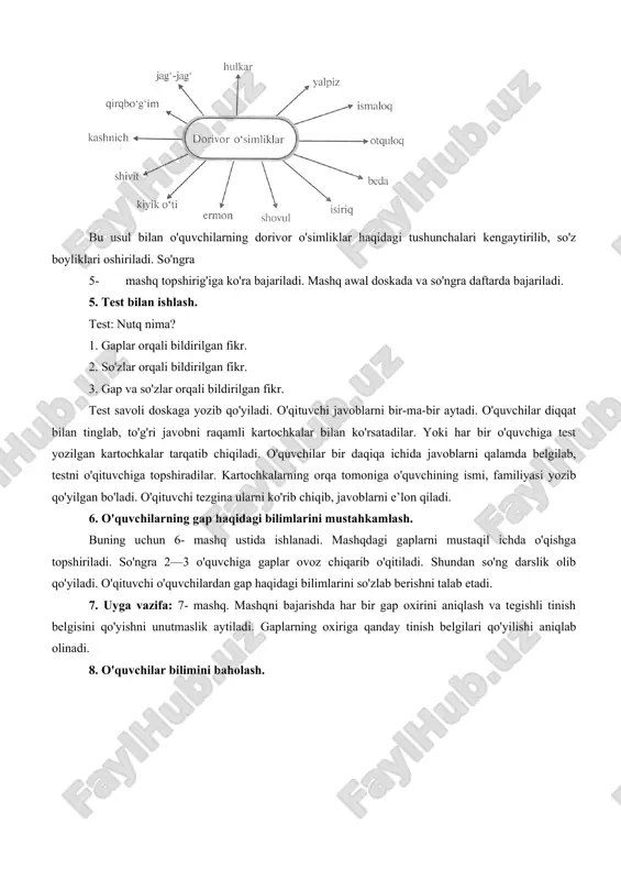 stni o'qituvchiga topshiradilar. kartochkalarning orqa tomoniga o'quvchining ismi, familiyasi yozib qo'yilgan bo'ladi. o'qituvchi tezgina ularni ko'rib chiqib, javoblarni e’lon qiladi. 6. o'quvchilarning gap haqidagi bilimlarini mustahkamlash. buning uchun 6- mashq ustida ishlanadi. mashqdagi gaplarni mustaqil ichda o'qishga topshiriladi. so'ngra 2—3 o'quvchiga gaplar ovoz chiqarib o'qitiladi. shundan so'ng darslik olib qo'yiladi. o'qituvchi o'quvchilardan gap haqidagi bilimlarini so'zlab berishni talab etadi. 7. uyga vazifa: 7- mashq. mashqni bajarishda har bir gap oxirini aniqlash va tegishli tinish belgisini qo'yishni unutmaslik aytiladi. gaplarning oxiriga qanday tinish belgilari qo'yilishi aniqlab olinadi. 8. o'quvchilar bilimini baholash. 3-dars mavzu: matn. 8-10-mashqlar. darsning maqsadi: a)gap haqidagi tushunchalarni mustahkamlash, matn tuzishga o'rgatish, b)topqirlik, ziyraklik qobiliyatlarini o'stirish, d) o'quvchilar faolligini oshirish. darsning turi: yangi bilim beruvchi. darsning metodi: suhbat. darsning jihozi: kapalak, paxta, kuz manzarasi tasvirlangan rasmlar. darsning borishi: 1. matn haqida tushuncha berish. tushuncha 9- mashq asosida beriladi. buning uchun o'qituvchi darsga qadar doskaning chap tomoniga tarqoq gaplarni, o'ng …
