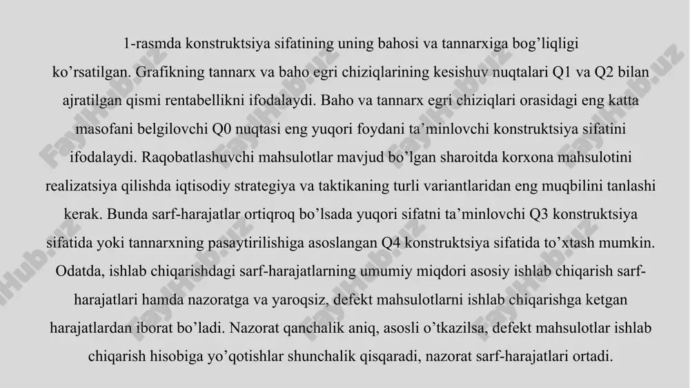 iy funktsiyalarining bajarilishini takomillashtirish ko’rsatkichi, universallik ko’rsatkichlari va yordamchi operatsiyalarini bajarishni takomillashtirish ko’rsatkichlariga bo’linadi. asosiy funktsiyani bajarishni takomillashtirish ko’rsatkichlari iste’molning foydali samarasini, mahsulotning iste’molchilar tomonidan foydalanilganda ma’lum ehtiyojni qondirish darajasini ko’rsatadi. xulosa sotilgan mahsulotning sifatini tahlil qilish, iste'molchilar ehtiyojlarini qondirish va bozor raqobatbardoshligini oshirish uchun zarurdir. bu jarayon, mahsulot sifatini oshirish, iste'molchilar bilan aloqalarni kuchaytirish va kompaniyaning umumiy muvaffaqiyatini ta'minlashga yordam beradi. tahlil natijalari asosida amalga oshiriladigan chora-tadbirlar, mahsulotning bozorga ta'sirini va iste'molchilar qoniqishini oshirishga xizmat qiladi. 16 image1.jpeg image2.jpeg image3.jpeg image4.jpeg image5.jpeg