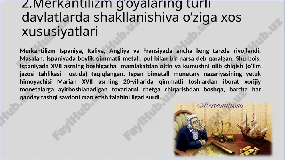 ing bir qator asarlarida savdo va hunarmandchilikni jamiyatni rivojlantirishning muhim omillari sifatida ta’kidlagan. merkantilizmning eksportni rag‘batlantirish va ichki ishlab chiqarishni rivojlantirish haqidagi fikrlari navoiy asarlaridagi hunarmandlikni targ‘ib qilish bilan uyg‘un keladi. 5.merkantilizm ta’limoti g’oyalaridan hozirgi kunda ishlatilishi merkantilizm tarixiy iqtisodiy nazariya sifatida xvii-xviii asrlarda o‘z ahamiyatini yo‘qotgan bo‘lsa-da, uning ba'zi asosiy g‘oyalari zamonaviy iqtisodiy siyosatda turli shakllarda saqlanib qolgan. bugungi kunda davlatlarning iqtisodiy faoliyatlarida merkantilistik tamoyillarni quyidagi yo‘nalishlarda ko‘rish mumkin: 2. importni cheklash va ichki ishlab chiqaruvchilarni qo‘llab-quvvatlash. ko‘plab davlatlar mahalliy ishlab chiqaruvchilarni himoya qilish uchun importga qarshi bojxona tariflarini joriy qiladi yoki subsidiyalar beradi. namoyon bo‘lishi: qo‘shma shtatlar va yevropa ittifoqi ayrim tovarlarga yuqori tariflar qo‘llash orqali ichki bozorni himoya qiladi. masalan, qishloq xo‘jaligi mahsulotlarida bu siyosat keng tarqalgan.merkantilistik g‘oya: ichki bozorni chet el raqobatidan himoya qilish orqali milliy iqtisodiyotni mustahkamlash. 1. eksportni rag‘batlantirish va savdo balansini nazorat qilish. zamonaviy davlatlar milliy iqtisodiyotni qo‘llab-quvvatlash uchun eksportni oshirishga katta e'tibor …