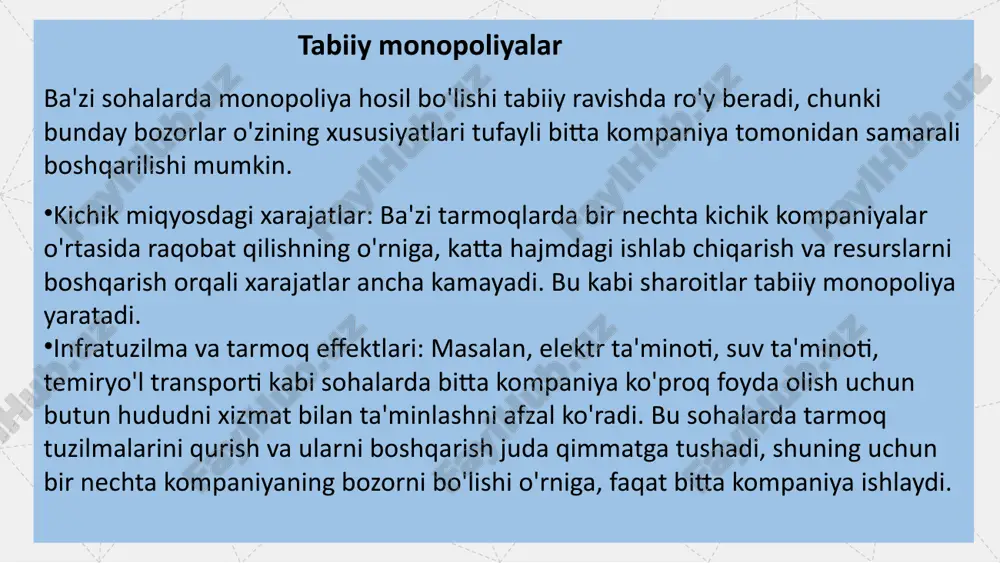 xlarning sun'iy oshishiga yo'l qo'ymaslik 9. c) davlat hokimiyati va tegishli regulator organlari tomonidan. 10. b) raqobatni ta’minlovchi va monopoliyaga qarshi kurashuvchi qonunlar. test javoblari tartib raqami savollar harflar javoblar 1 monopoliya nima? a bir kompaniyaning bozorni to'liq egallashi 2 davlat monopolistik faoliyatni nazorat qilish orqali nimaga erishadi? b iste'molchilarni himoya qilish va raqobatni rivojlantirish 3 monopoliyaning bozorga ta'siri nima bo'lishi mumkin? c antimonopoliya qonunlari, regulyatsiya va nazorat 4 monopoliyani cheklashda davlat qanday iqtisodiy chora-tadbirlarni qo'llashi mumkin? d iste'molchilarga zarar yetkazilishining oldini olish 5 monopoliyani cheklashda davlatning qanday asosiy vositalari mavjud? e yangi kompaniyalar uchun bozorga kirish to'siqlarini kamaytirish 6 monopoliyani cheklashda davlatning iste'molchilarni himoya qilishdagi roli nima? f narxlarning oshishi va sifatning pasayishi 7 raqobatni rivojlantirish uchun davlat nima qilishi kerak? g soliqlarni oshirish va subsidiya siyosatini joriy etish 8 monopoliyani cheklashda davlatning qanday qonunlari ishlatiladi? h narxlarning sun'iy oshishiga yo'l qo'ymaslik 9 monopoliyani cheklashda eng muhim qarorlar kim …