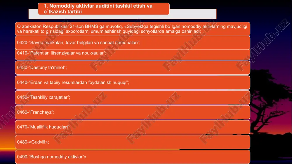 da turlicha aks ettiriladi buxgalteriya hisobining umumiy prinsiplariga ko`ra har qanday nomoddiy aktiv kirimi tegishli dastlabki hujjatlar asosida rasmiylashtiriladi. bunday dastlabki hujjatlashtirish o`zining mazmuni va tavsifiga ko`ra, asosiy vositalarni qabul qilish-topshirish dalolatnomasi (av-1) kabi hujjatlarga o`xshash bo`lishi lozim. hujjatlarda obyektlarning batafsil xususiyatlari, dastlabki qiymati, foydalanishga topshirilgan vaqti, eskirish normasi va xarajatga olib borish kodi, nomoddiy aktiv foydalanadigan bo`linma va boshqa ma'lumotlar ko`rsatilishi lozim. nomoddiy aktivlarni kirim qilishda dastlabki hujjatlar bilan birga ularni identifikatsiyalovchi (aynan o`xshatuvchi) hujjatlar ham bo`lishi zarur. bunday hujjatlarga nomoddiy aktivlarning o`zlarini yoki ulardan foydalanishni tavsiflovchi hujjatlar, shuningdek, subyektning u yoki bu mulkiy huquqini tasdiqlovchi hujjatlar kiradi. boshqacha qilib aytganda, buxgalteriya hisobda aks ettiriladigan nomoddiy aktivlarning istalgan obyekti obyektiv shaklda mavjud bo`lishi lozim. nomoddiy aktivlar bo`yicha amortizatsiya hisoblash va amortizatsiya ajratmalarining mahsulot (ish, xizmat) lar tannarxiga to`g`ri olib borilishini tekshirish mobaynida auditor nomoddiy aktivlarning ishlab chiqarish faoliyatida foydalanilayotganligi va daromad keltirayotganligi to`g`risida isbotga ega bo`lishi lozim. nomoddiy aktivlar …