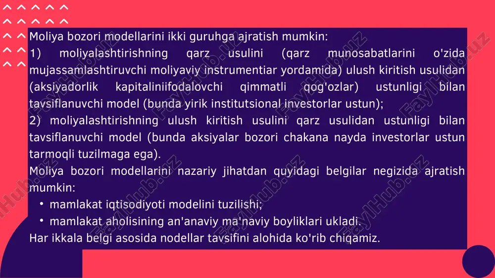 arga xos moliyabozorining gibrid (aralash tuzilmali) modellari. bunday modellarda asosan ko'p ukladli iqtisodiyotga xos muammolar mavjud boladi. iqtisodchilar bu muammolarni paydo bo’lishini ushbu mamlakatlarda turlicha olib borilayotgan iqtisodiy islohotlar natijalari va ularga ta'sir etuvchi ko'pgina omillar bilan bog'laydilar. muammolarning ichida sezilarlisi - aksiyadorlik kapitalida mulkchilik tuzilmasini shakllanishi jarayoni hisoblanadi. bu jarayonda aksiyalarning katta paketi asosan davlat, horijiy strategik investorlar, kompaniya mehnat jamoasi, affilior shaxslari va administratsiyasida mujassamlashib qoladi. natijada kompaniyaning korporativ boshqaruv mexanizmi, investitsion va emission siyosatlari samarasizlashadi, moliya bozorida esa ko'proq moliyalashtirishning qarz usulini ulush kiritish usulidan ustunligi ustuvor xarakterga ega bo’ladi, aksiyalar bozori sust rivojlanadi. markaziy va sharqiy yevropa mamlakatlining ko'pchiligida moliya bozori kontinental modelga moslashgan bo’lib, ularda asosan banklar katta rol o'ynaydi. boshqalarida esa anglosakson va kontinental modellarning elementlari aralash mavjud. moliya bozorining aralash modelini 55 dan ortiq mamlakatda kuzatish mumkin: isroil, lordaniya, xitoy, koreya, livan, oman, tayvan, namibiya, bolgariya, vengriya. latviya, litva, polsha, slovakiya, sloveniya, turkiya. …