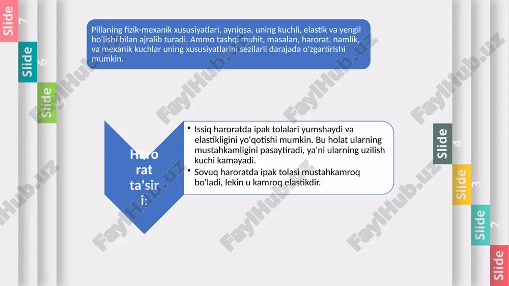 in va seritsin oqsillari biologik parchalanishga moyil bo'ladi. bu ipak tolalarining mustahkamligini pasaytirishi va ularning qolish muddatini qisqartirishi mumkin. nam sharoitda biofermentlar va bakteriyalar ham ipak tolalariga zarar yetkazishi mumkin, bu esa matolarni yomonlashishiga olib keladi. kislotalar va asoslarga ta'siri: pilla ipi kislotalarga va asoslarga sezgir bo'lib, ular ipning strukturaviy oqsillarini (fibroin va seritsin) denaturatsiyalashiga olib kelishi mumkin. bu o'zgarish ipning kuchini va elastikligini kamaytiradi. kislotalar (masalan, sulfur kislotasi) va asoslar (masalan, natriy gidroksid) pilla ipi tolasining zaiflashishiga va matolarni yomonlashishiga olib kelishi mumkin. kimyoviy ifloslanish (masalan, sanoat chiqindilari, kislorod yoki boshqa kimyoviy moddalar) pilla ipini zarar etkazishi va uning mustahkamligini pasaytirishi mumkin. 2012 2013 2014 2015 2016 2017 2012 2013 2014 2015 2016 2017 ultrabinafsha nurlanish (uv ta'siri): ultrabinafsha nurlar (quyosh nuri) pilla ipining kimyoviy tuzilishini o'zgartirishi va rangining o'zgarishiga olib kelishi mumkin. uv nurlari ipak tolalaridagi fibroin va seritsin oqsillarining strukturaviy o'zgarishiga sabab bo'lib, ularni zaiflashtiradi. quyosh nuri …