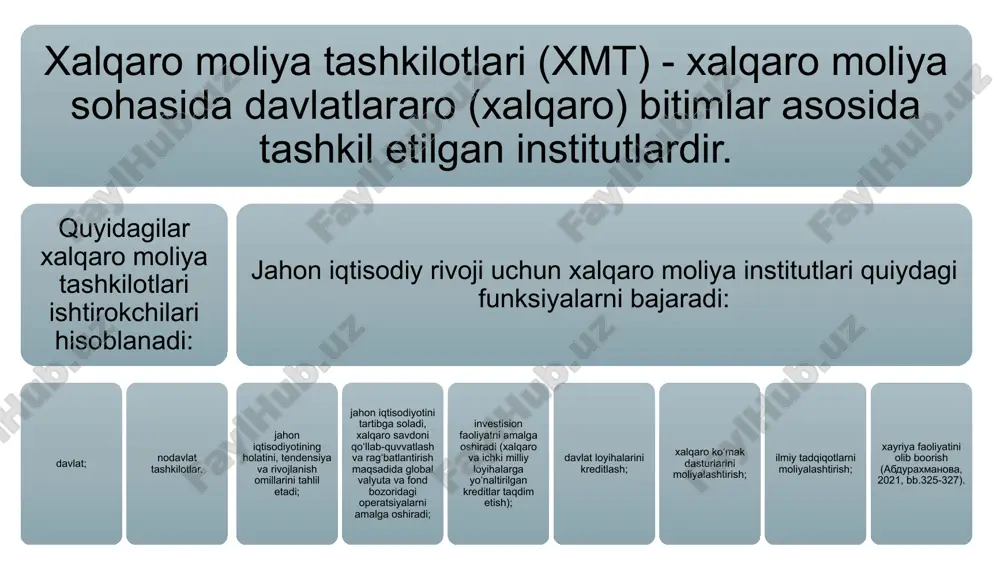 kreditlar va qarzlar berish, xususiy investisiyalarni kafolatlashdan iborat. xvf ga a‘zo bo’lgan mamlakatlargina xttb ga a‘zo bo’lish xuquqiga ega. xttb bmtning maxsus muassasasi davlatlararo investision instituti hisoblanadi. xttb tomonidan kreditlar davlat kafolati ostida beriladi. xttb shuningdek boshqa banklarning o’zoq muddatli kreditlari bo’yicha kafolatlar beradi. bank o’zining krediti bilan obyektning 30% qiymatini qoplaydi. xttbning resurslari ikkita manba: birinchisi, akciyadorlarning kapitali (6 foiz atrofida) hisobidan; ikkinchisi, xalqaro moliya bozorlarida akciyalarni joylashtirish orqali (95 %ga yaqini) shakllantiriladi. xalqaro taraqqiyot assotsiyatsiyasi (xta) yoki xalqaro rivojlanish uyushmasi (xru) 1960 yilda rivojlanayotgan davlatlarga imtiyozli kreditlar (0,75 % yillik foiz stavkasida) berish maqsadida tashkil etilgan. uning kreditlari asosan yalpi ichki maxsulot aholi jon boshiga eng kam to’g‘ri kelayotgan mamlakatlarga to’g‘ri keladi. 1993 yilda shunday mamlakatlar miqdori 60 ta bo’lgan. xttb a‘zolari uchun xta a‘zoligi ochik. xta resurslari xttb sof daromadidan muntazam ajratmalar hisobidan to’ldirib turiladi. xta fakat xukumatlarga qarz beradi. qarzni o’zish muddati 30 yildan 40 yilgacha. …