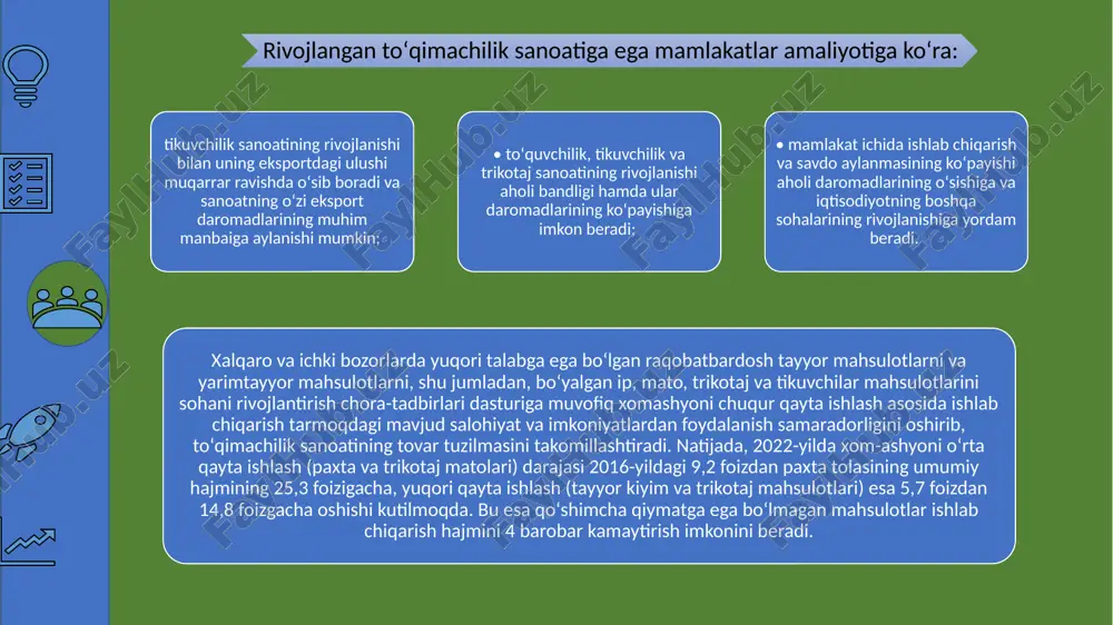 moqdagi raqobatbardosh mavqeini strategik boshqarishning kontseptual modelini ishlab chiqish; • swot tahlili asosida korxonaning kuchli va zaif tomonlarini aniqlash va ularning faoliyatini rivojlantirish strategiyasining asosiy yo‘nalishlarini ishlab chiqish. to‘qimachilik sanoatining keyingi rivojlanishi eksportga yo‘naltirildi. eksport sanoatda ishlab chiqarish, yangi texnologiyalar va yaratilgan mahsulotlar bozorini rivojlantirish uchun iqtisodiy o‘sishning kuchli rag‘batlantiruvchi omilidir. respublika to‘qimachilik sanoati korxonalari tashqi bozorga eksport qilinadigan eng keng turdagi tovarlarni – ip-kalavadan tortib, tayyor mahsulotlar (tikuv va trikotaj)gacha yetkazib berish imkoniyatiga ega. eksport mahsulotlari ishlab chiqarishni davlat tomonidan rag‘batlantirishning kompleks tizimi, jumladan, eksport qiluvchi korxonalarga maqsadli kreditlar berish rag‘batlantirildi. imtiyozli shartlar, eksport mahsuloti tannarxiga kiritilgan soliqlarni to‘liq yoki qisman qaytarish, sifatni oshirish uchun ilmiy ishlanmalar (tadqiqotlar) uchun sarflangan xarajatlarni qisman qoplash. to‘qimachilik sanoati tadqiqotlari tahlili ommaviy tizimga mijozlar ehtiyojini qondirishning dinamik tizimini joriy etish uchun global raqobatni ko‘rsatadi. bu zamonamizning asosiy talablari va dolzarb masalalaridan biridir. to‘qimachilik korxonalarining iqtisodiy barqaror rivojlantirish istiqbollari respublika to’qimachilik va tikuv-trikotaj sanoatida …