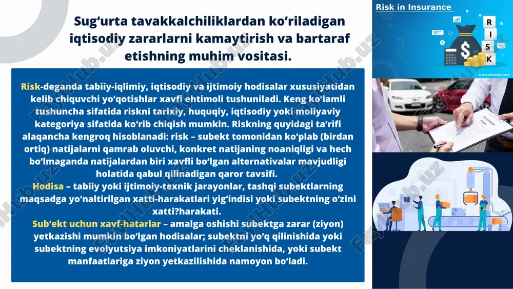 ermaslik va b. sababli zarar ko‘rish ehtimolligi. inflyatsion; moliyaviy risklar, pul mablag‘larini yo‘qotish ehtimolligi bilan bog‘liq. moliyaviy risklar ikki turga bo‘linadi: pulning xarid quvvati bilan bog‘liq bo‘lgan risklar va sarmoyalarni qo‘yish bilan bog‘liq bo‘lgan risklar (investitsion risklar). pulning xarid quvvati bilan bog‘liq bo‘lgan risklar quyidagi xillardan iborat: deflyatsion; valyuta; likvidlik. boy berilgan naf riski – bu qandaydir amalni (misol uchun, sug‘urtalash, xedjirlash, investitsiya va sh.k.) bajarilmasligi natijasida bilvosita moliyaviy zarar (foyda ololmaslik)ga olib keluvchi risk; investitsion risklar quyidagilardan iborat: daromadlarni pasayish riski portfelli investitsiyalar, omonatlar va kreditlar bo‘yicha foizlar va dividendlar hajmining kamayishi natijasida yuzaga kelishi mumkin. kredit riski – qarz oluvchi tomonidan asosiy qarzini va tegishli foizlarni to‘lanmaslik xavfi. shuningdek kredit risklariga qimmatli qog‘ozlarni muomalaga 57 chiqargan emitentning ular bo‘yicha foizlarni yoki asosiy qarz summasini to‘lay olmaslik holatiga kelib qolish riski ham kiradi. bevosita moliyaviy risklar quyidagi xillarga bo‘linishi mumkin: birja riski, selektiv risk, bankrotlik riski hamda kredit riski. …