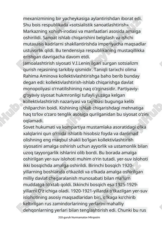 birinchi bosqich 1920-yillarning boshlarida o‘tkazildi va o‘lkada amalga oshirilgan milliy davlat chegaralanish munosabati bilan ma'lum muddatga to‘xtab qoldi. ikkinchi bosqich esa 1925-1929-yillarni o‘z ichiga oladi. 1920-1921-yillarda o‘tkazilgan yer-suv islohotining asosiy maqsadlaridan biri, o‘lkaga ko‘chirib keltirilgan rus zamindorlarining yerlarini mahalliy dehqonlarning yerlari bilan tenglashtirish edi. chunki bu rus kelgindi mujiklari chor ma'murlaridan juda katta hajmdagi serunum yaxshi yerlarni olgan edilar. sovet hukumati bu bilan o‘zini go‘yo mahalliy mehnatkash xalqning «g‘amxo‘ri» va «mehriboni» qilib ko‘rsatmoqchi bo‘lgan edi. o‘lkada yer-suv islohoti sovet hukumatining «er to‘g‘risida»gi dekreti asosida amalga oshirildi va uning bosh maqsadi qishloqda sinfiy tabaqalanishni kuchaytirishdan iborat edi. sovet va kompartiya korchalonlari bu yerda ham «bo‘lib tashla, hokimlik qil» qabilida ish yuritdilar, qishloq aholisini boy va kambag‘allarga bo‘lib ularning sopini o‘zidan chiqarib bir-birlariga qarshi gijgijladilar. 1921-yilda tashkil etilgan «qo‘shchi» ittifoqi xuddi ana shu maqsadda tuzildi. 20-yillarning o‘rtalaridayoq uning saflarida 160 ming nafarga yaqin a'zo bor edi. bu ittifoqqa asosan yersiz va kam …